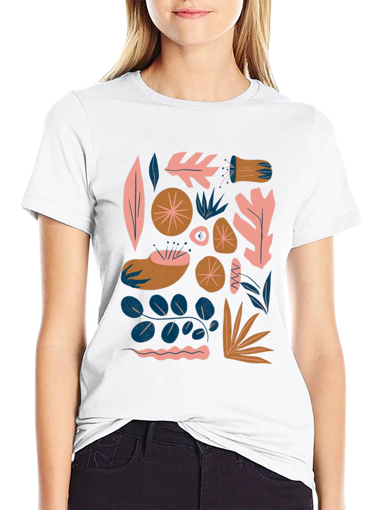 Modern Abstract Botanical Print Black T-Shirt