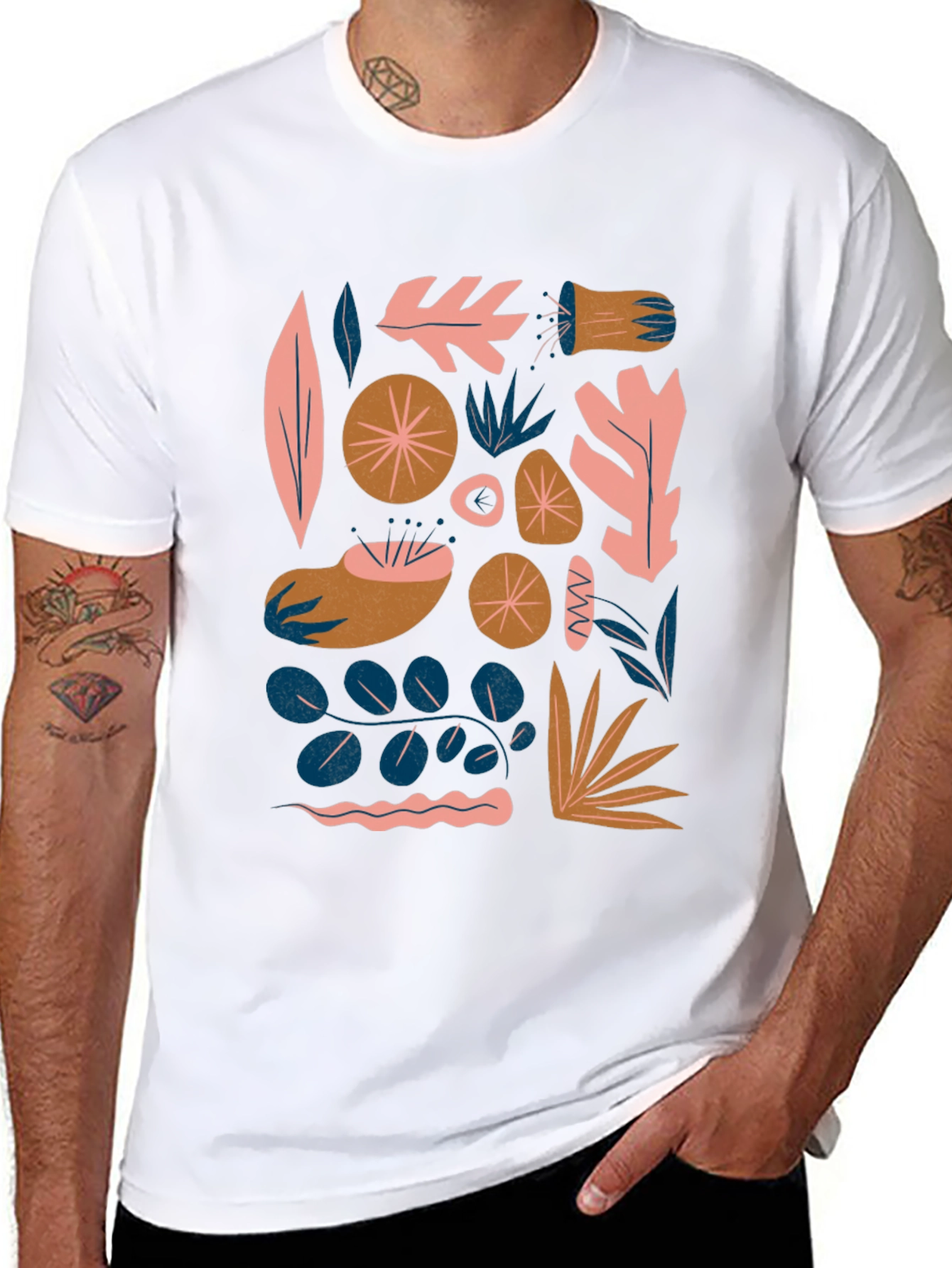 Modern Abstract Botanical Print Black T-Shirt