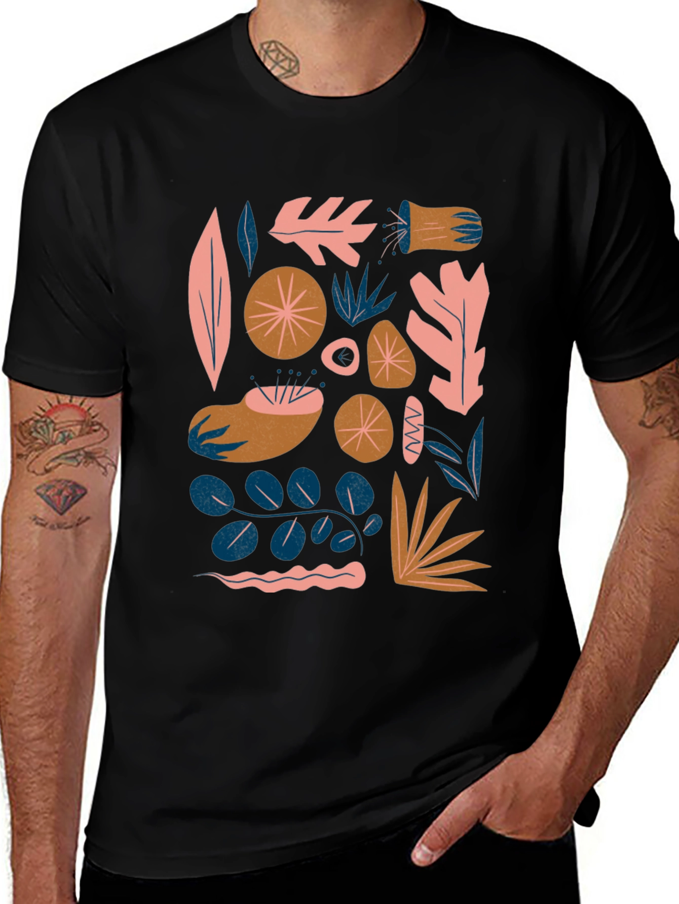 Modern Abstract Botanical Print Black T-Shirt
