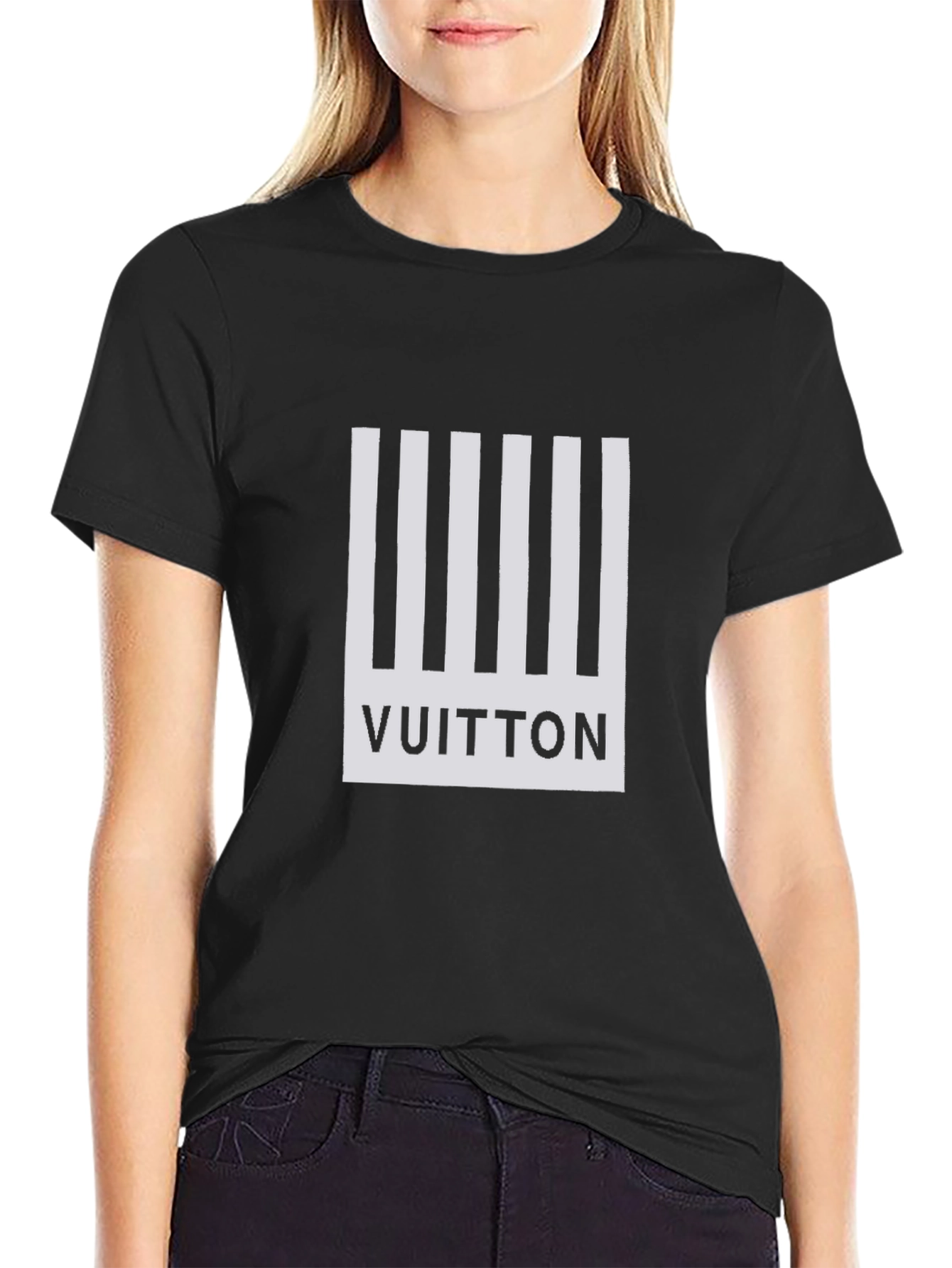 Black T-Shirt with White Stripe Vuitton Design