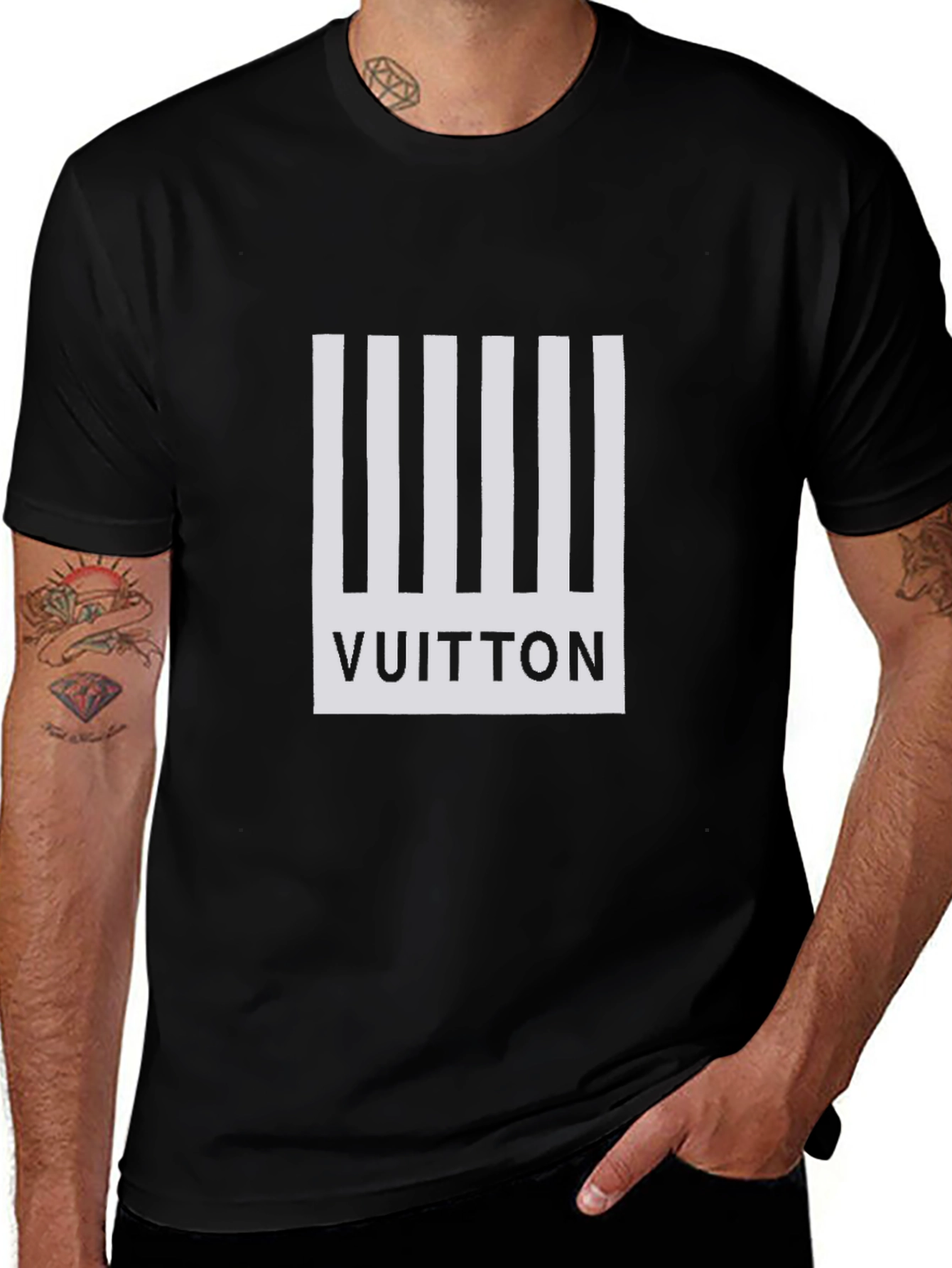 Black T-Shirt with White Stripe Vuitton Design
