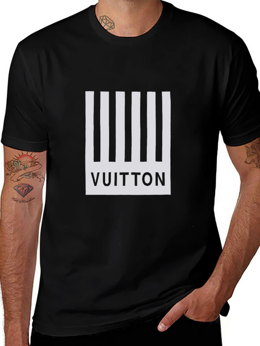 Black T-Shirt with White Stripe Vuitton Design