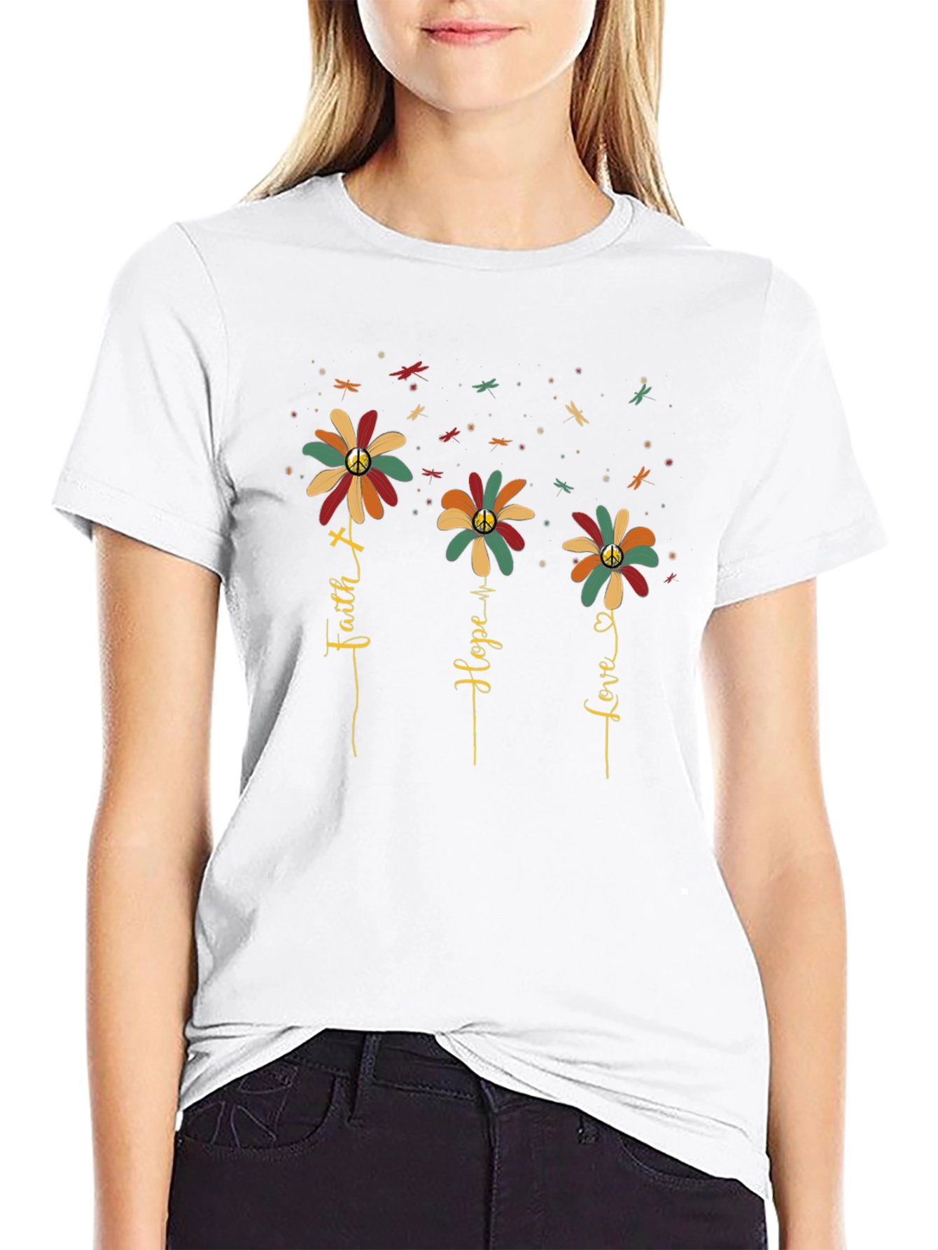 Faith Hope Love Flower Graphic T-Shirt