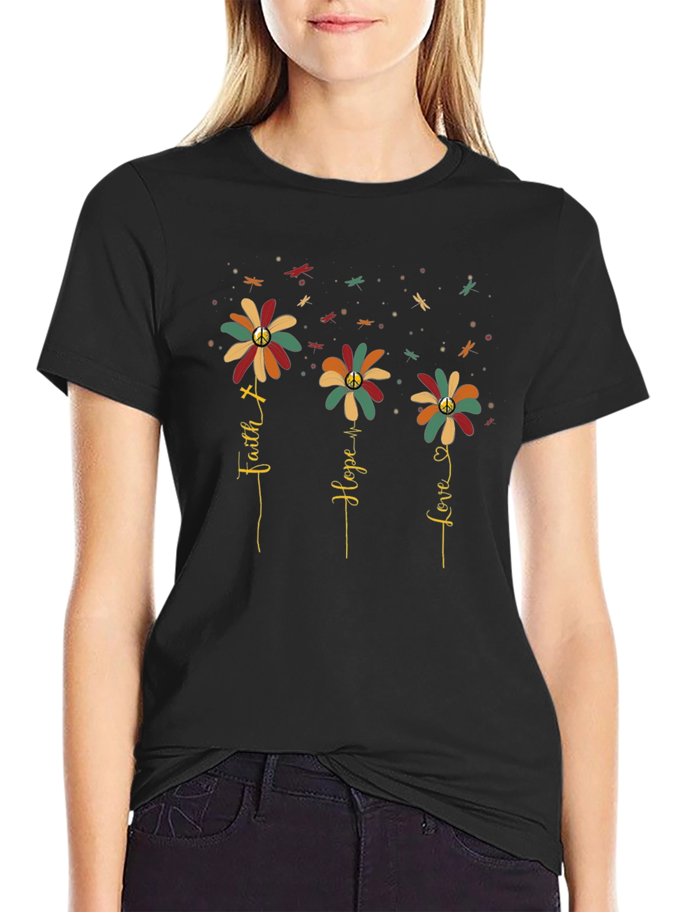 Faith Hope Love Flower Graphic T-Shirt