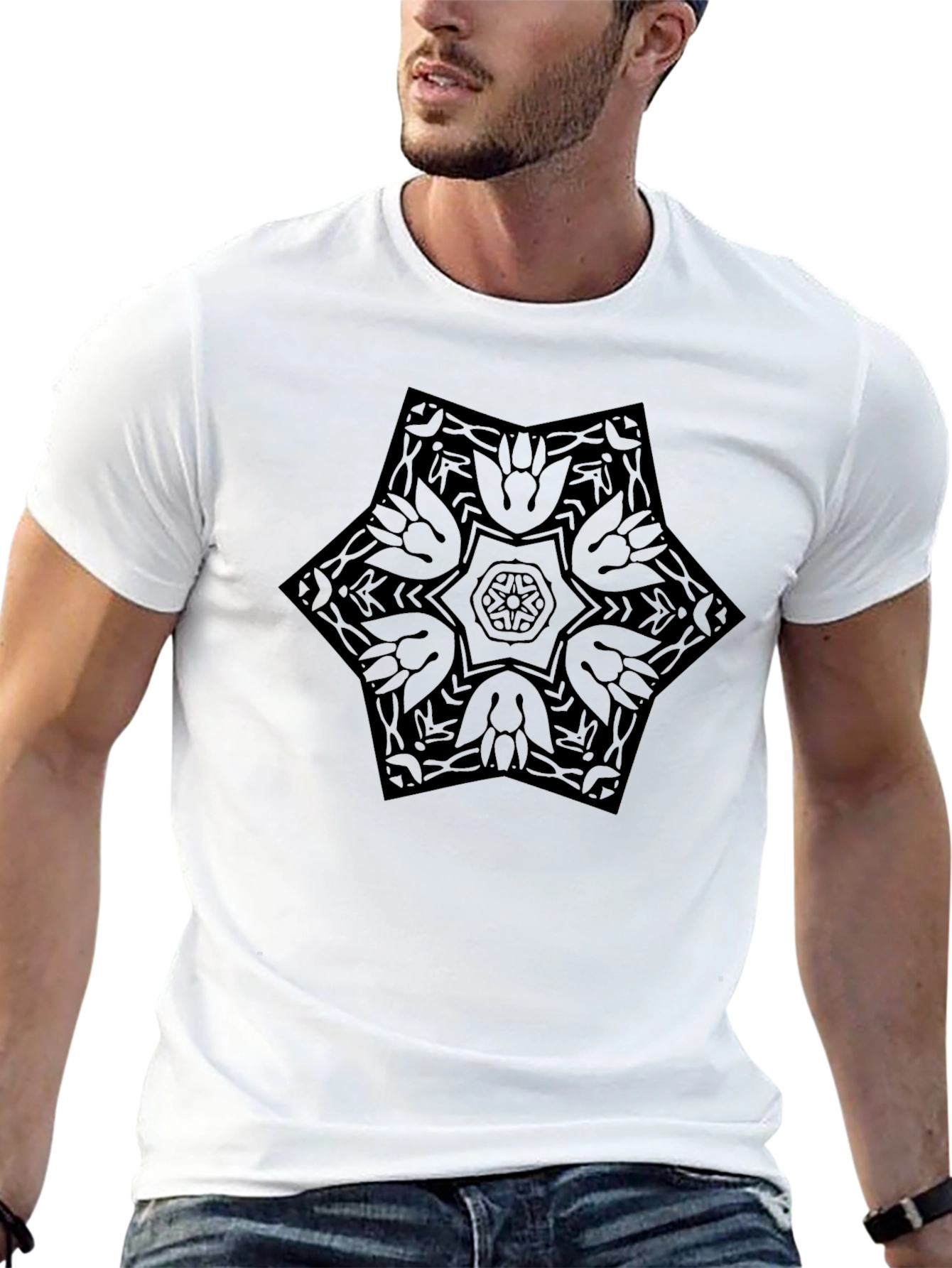 Geometric Star Mandala Mens Black T-Shirt