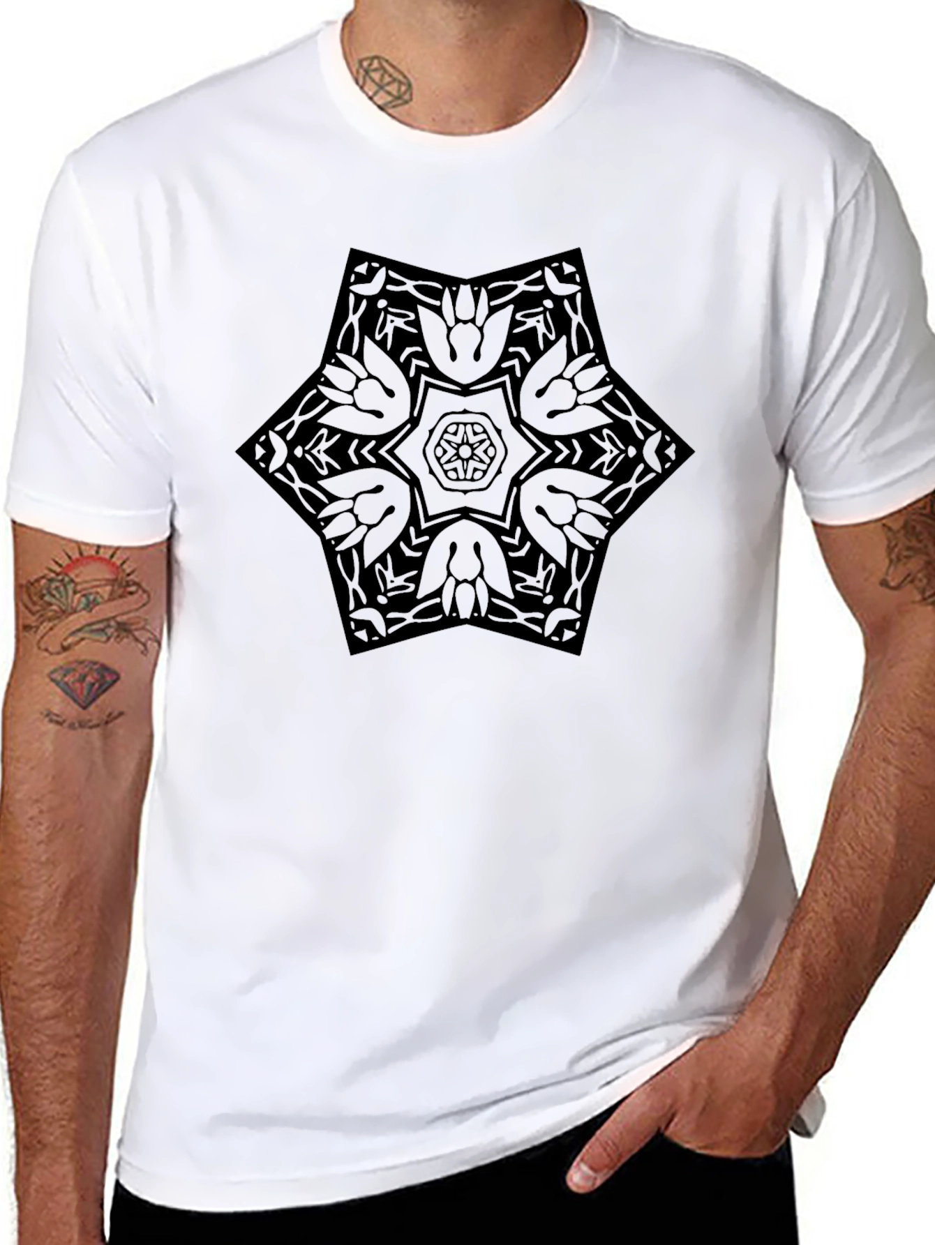 Geometric Star Mandala Mens Black T-Shirt