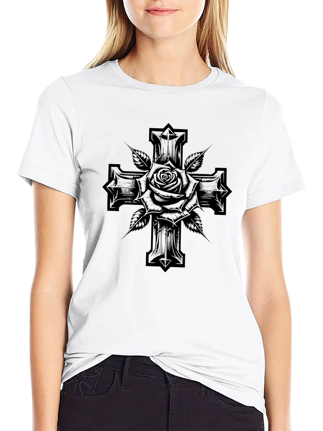 Rose & Cross Graphic Black T-Shirt