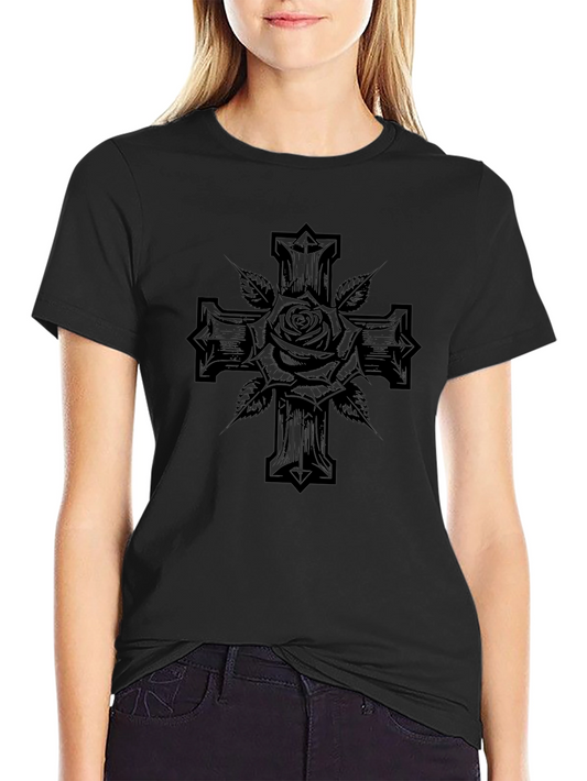Rose & Cross Graphic Black T-Shirt