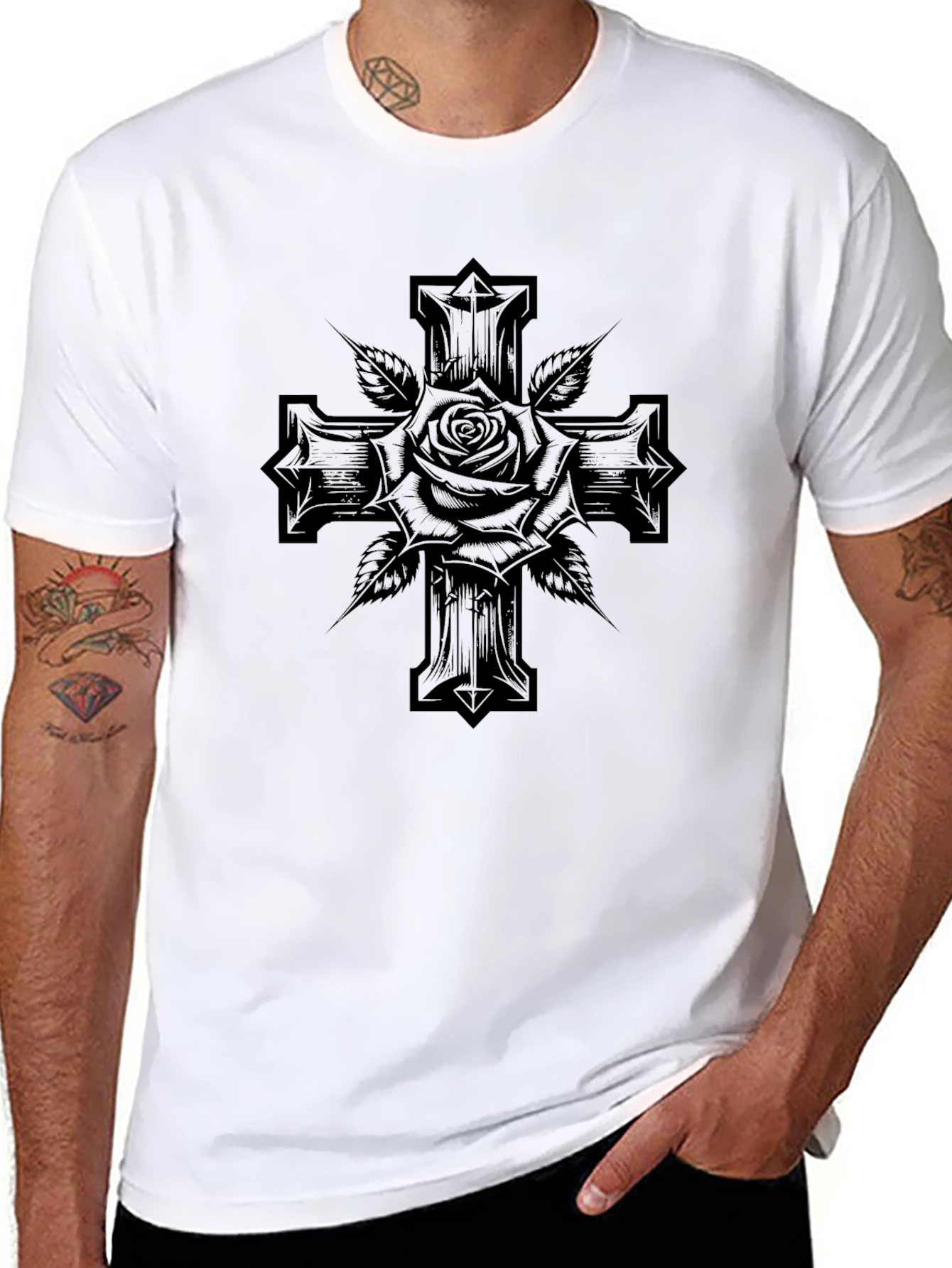 Rose & Cross Graphic Black T-Shirt