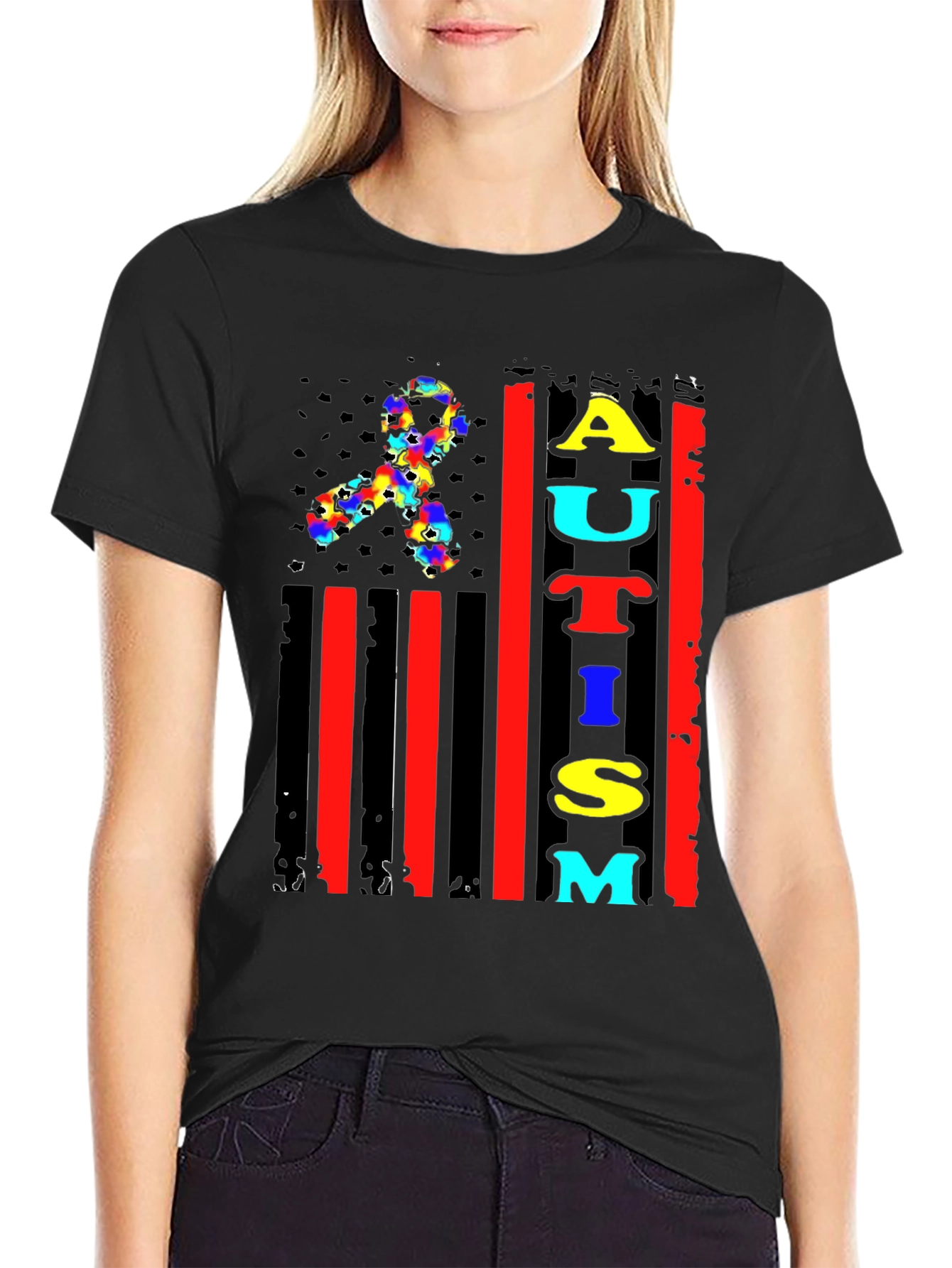 Autism Awareness Ribbon Flag Graphic Tee