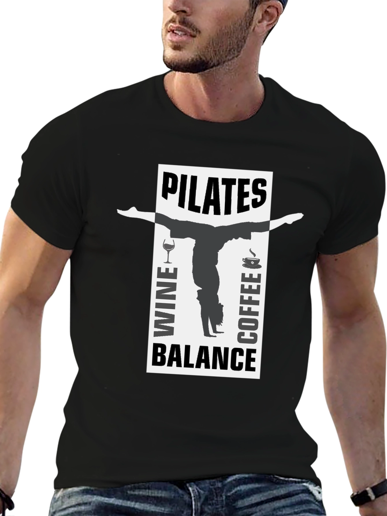 Pilates Wine Coffee Balance Black T-Shirt