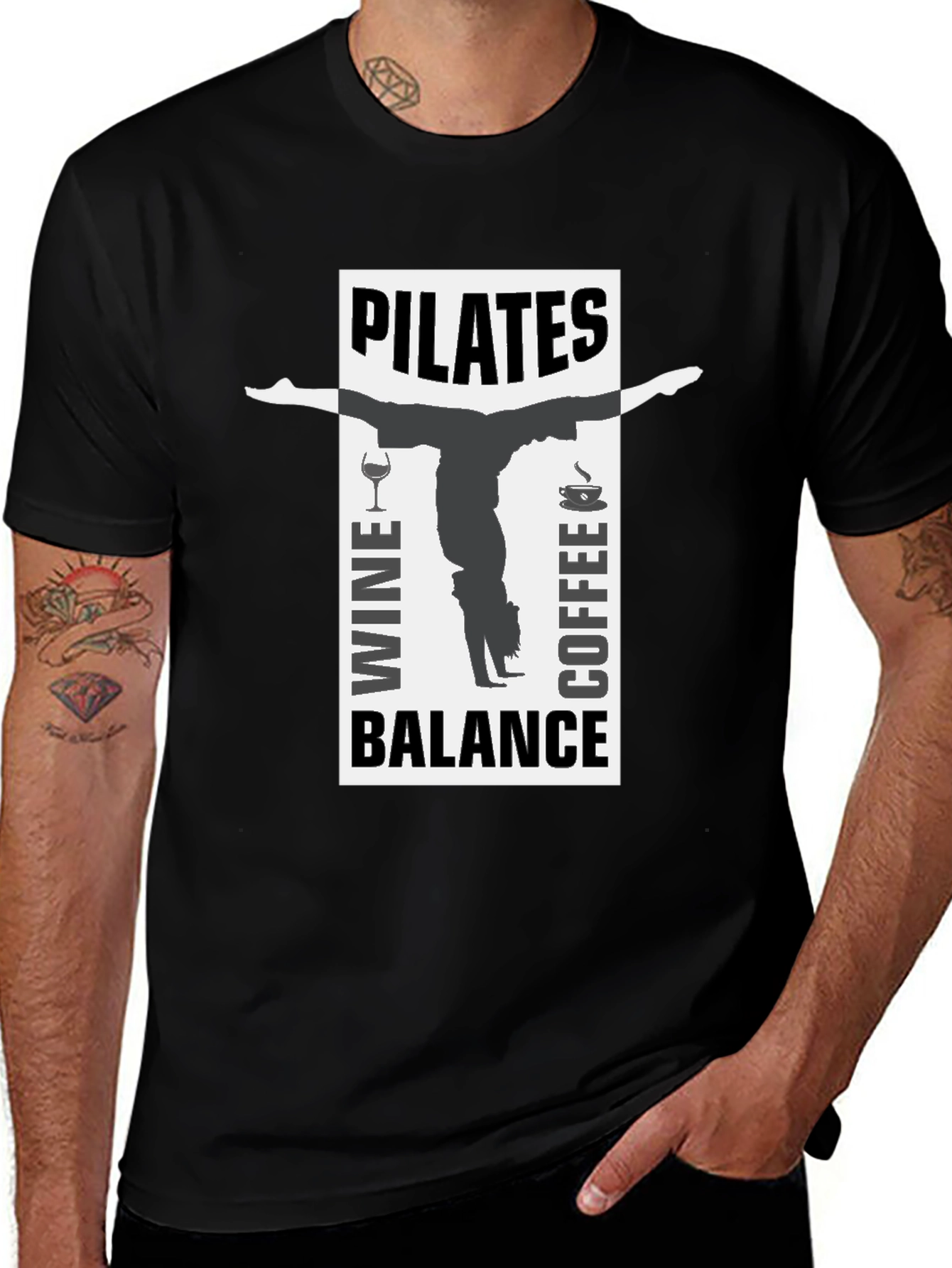 Pilates Wine Coffee Balance Black T-Shirt