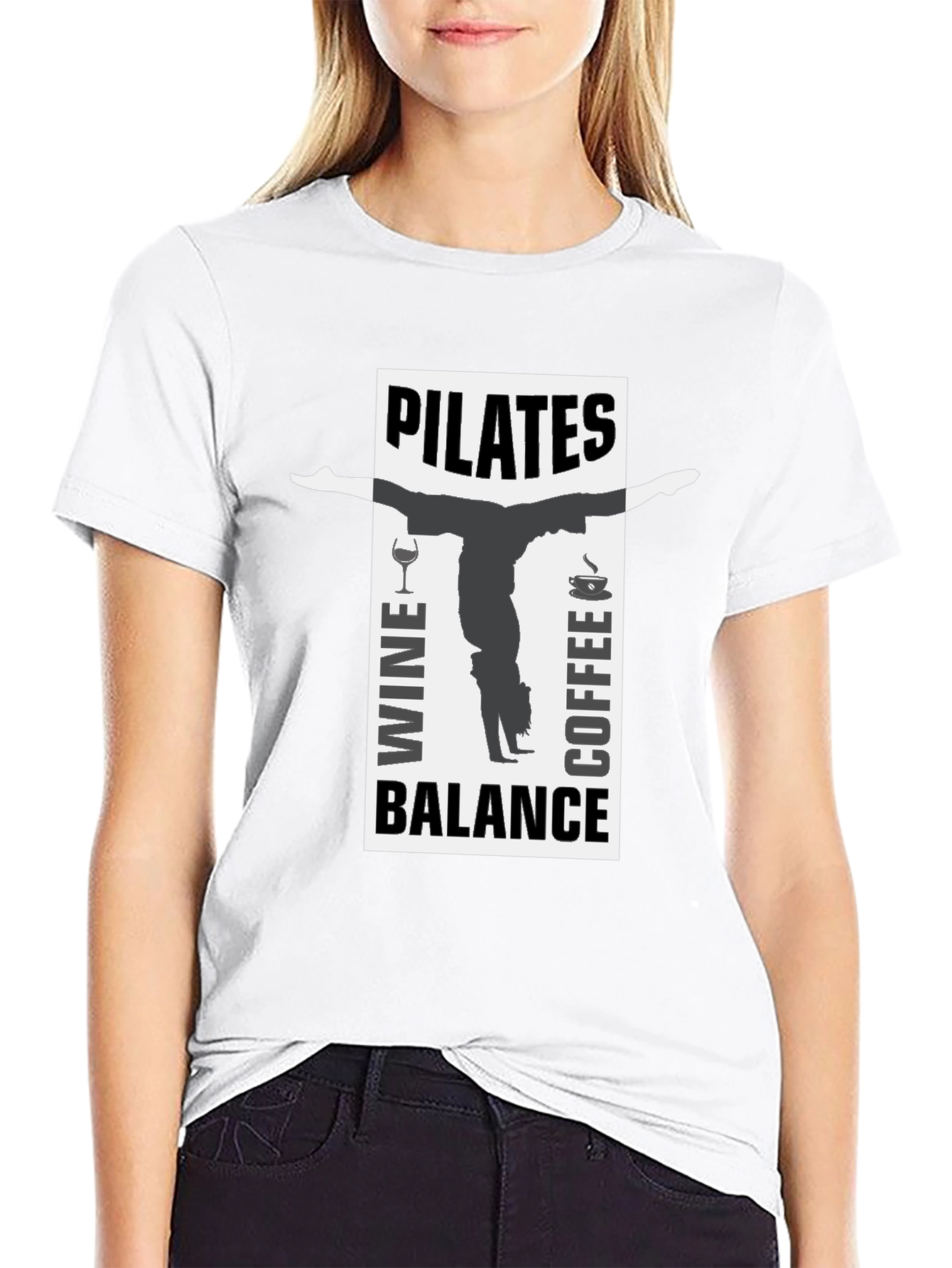 Pilates Wine Coffee Balance Black T-Shirt