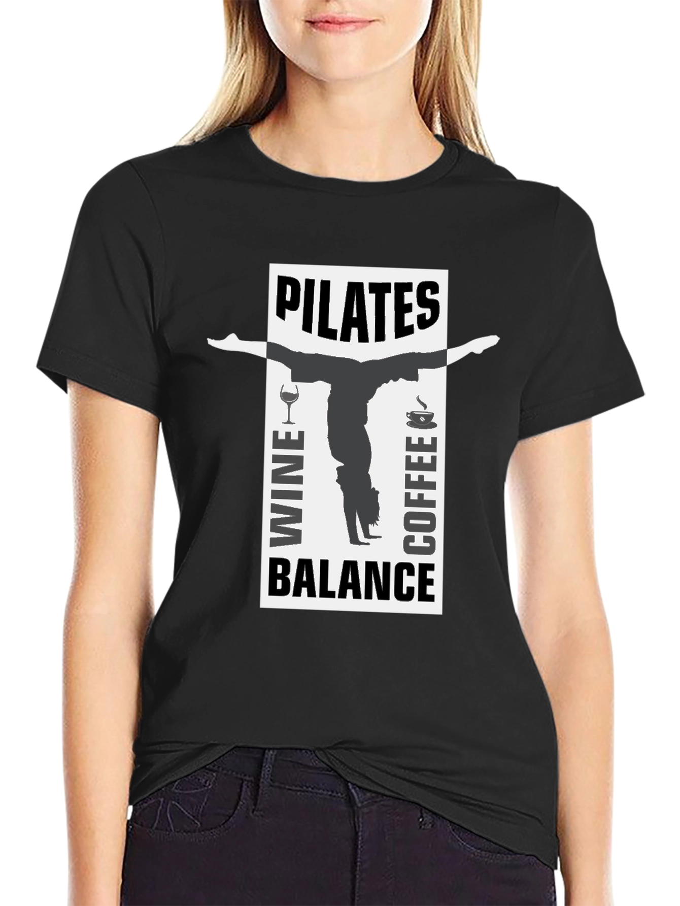 Pilates Wine Coffee Balance Black T-Shirt