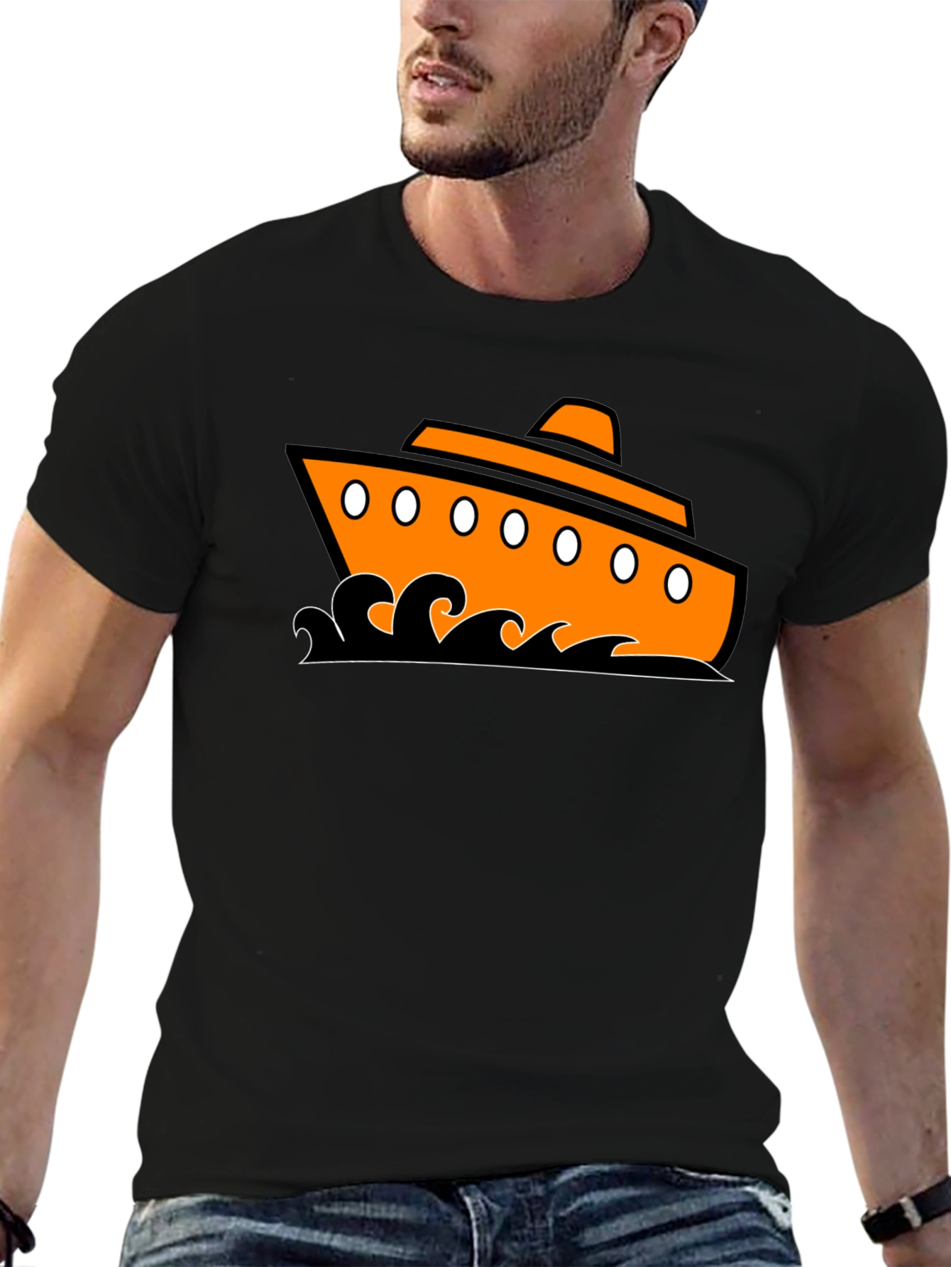 Nautical Ship Graphic Tee - Black Cotton