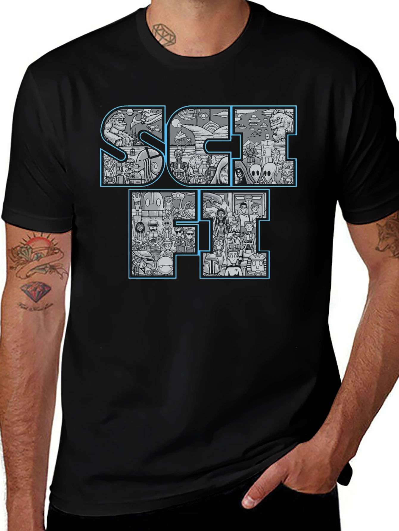 Sci-Fi Icons Graphic Print Black T-Shirt