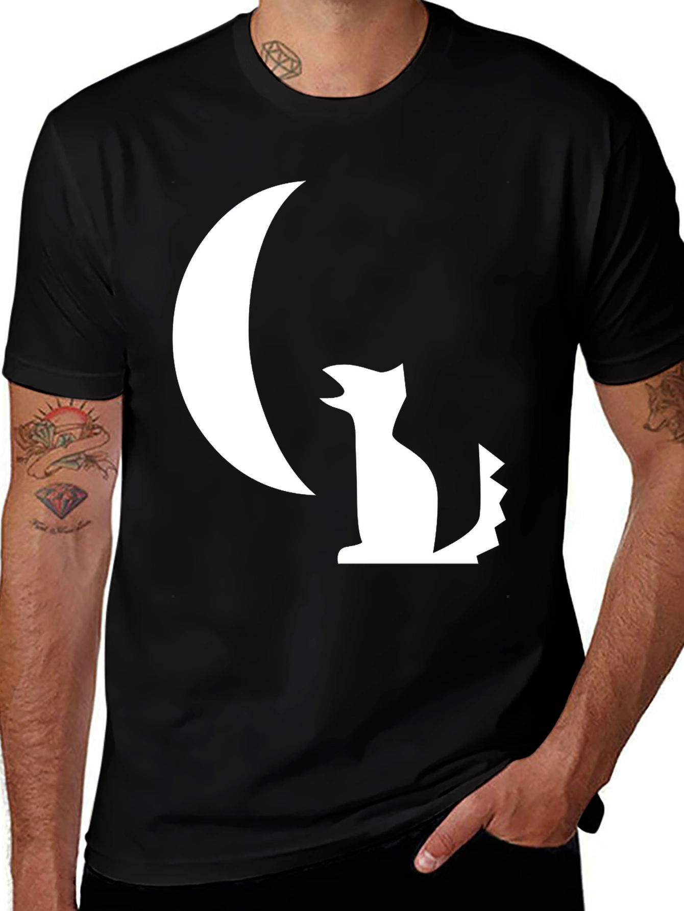 Black T-Shirt with White Moon and Wolf Design