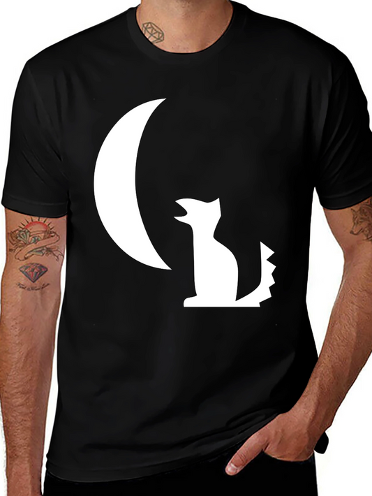 Black T-Shirt with White Moon and Wolf Design