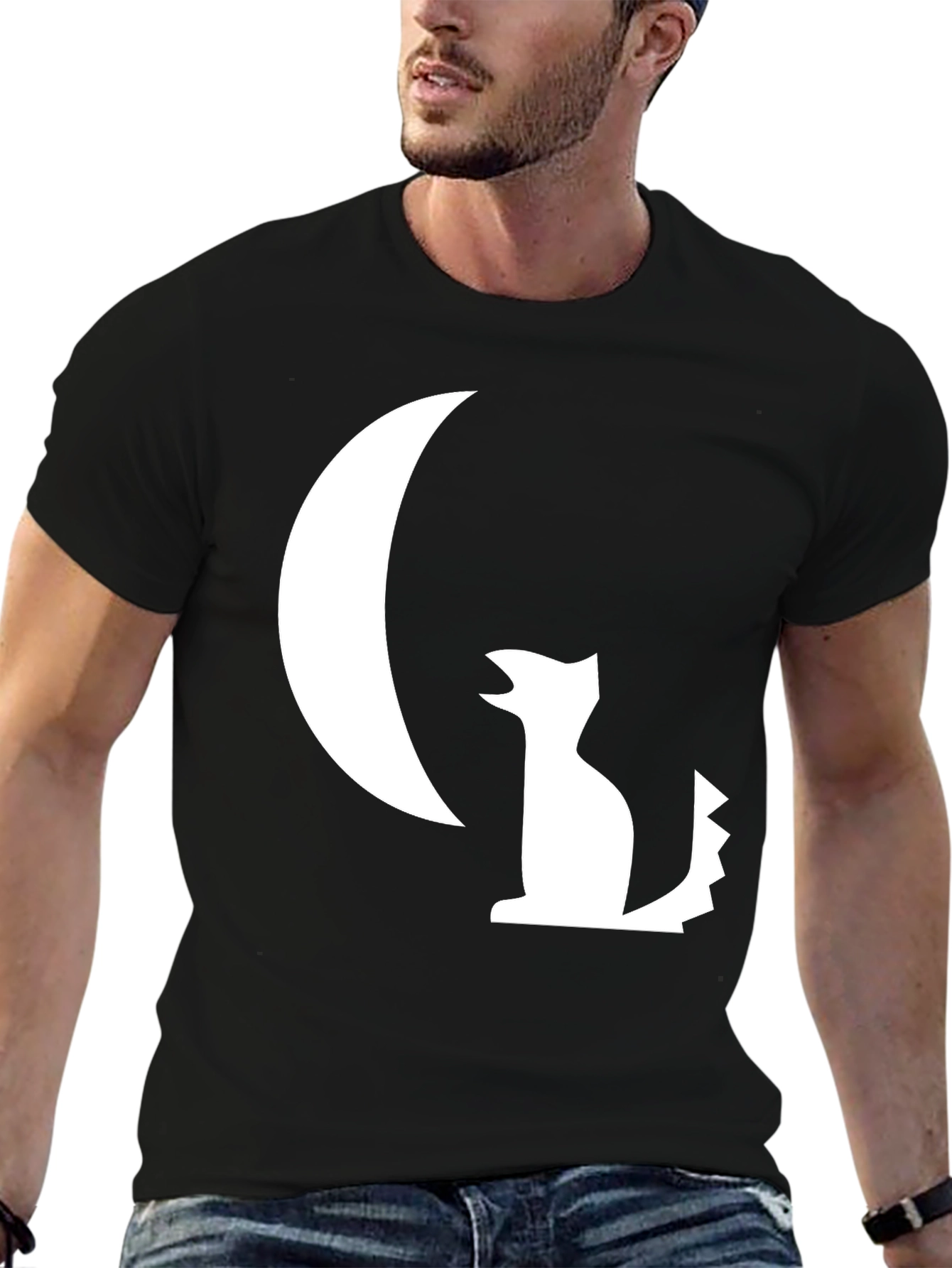 Black T-Shirt with White Moon and Wolf Design