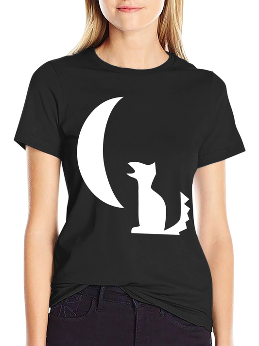 Black T-Shirt with White Moon and Wolf Design