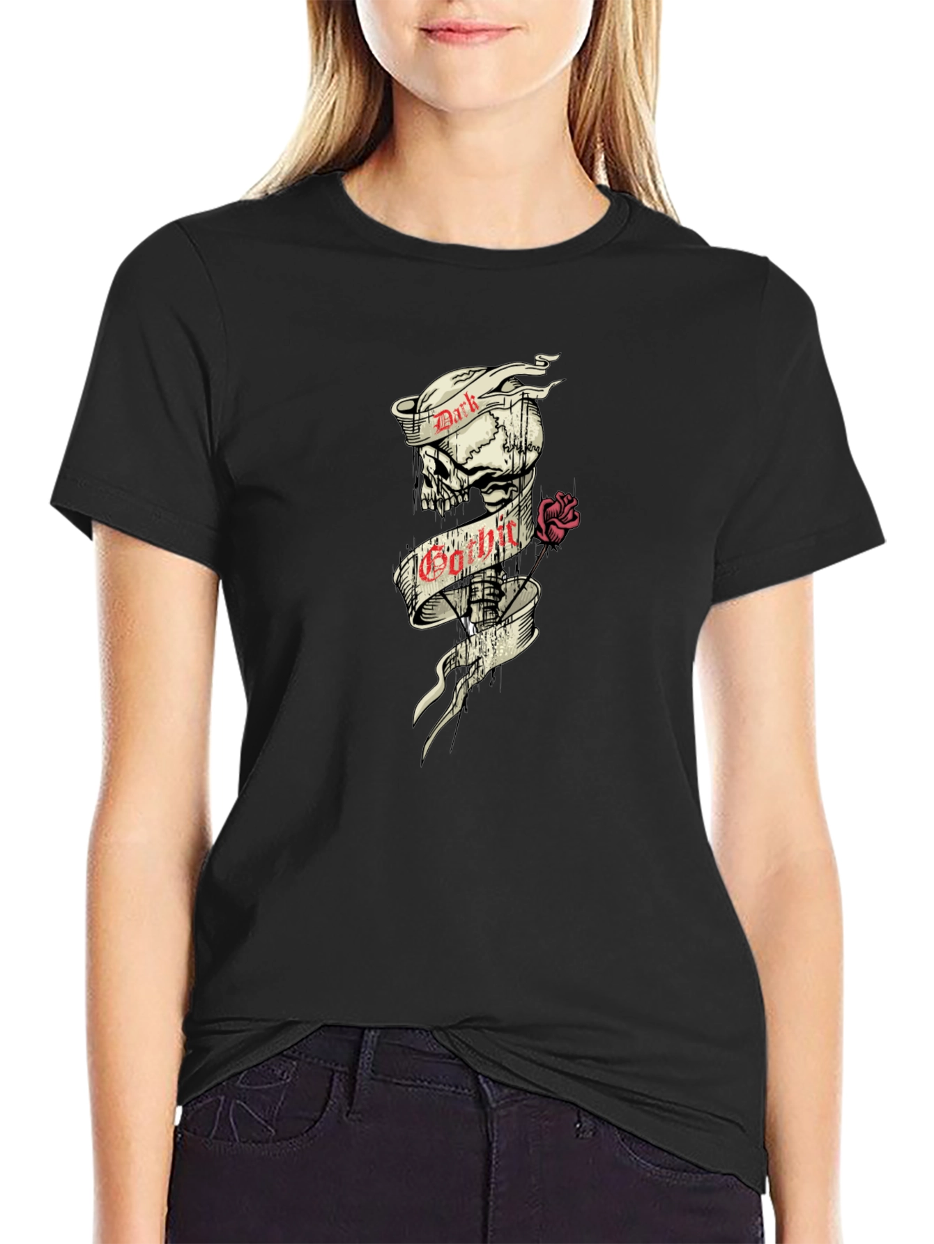 Dark Gothic Skull Rose Graphic Tee