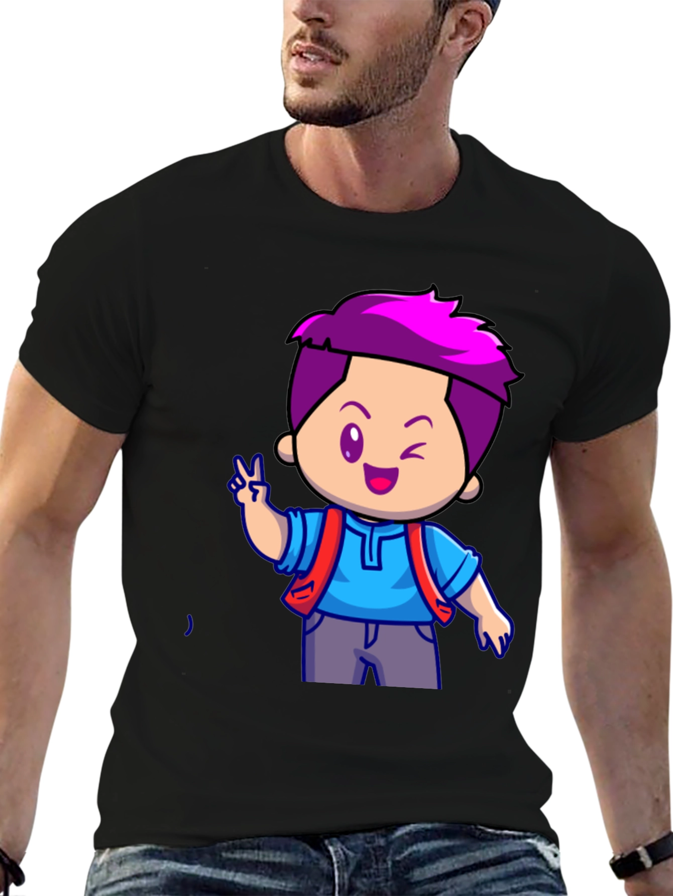 Cartoon Boy Graphic T-Shirt - Black