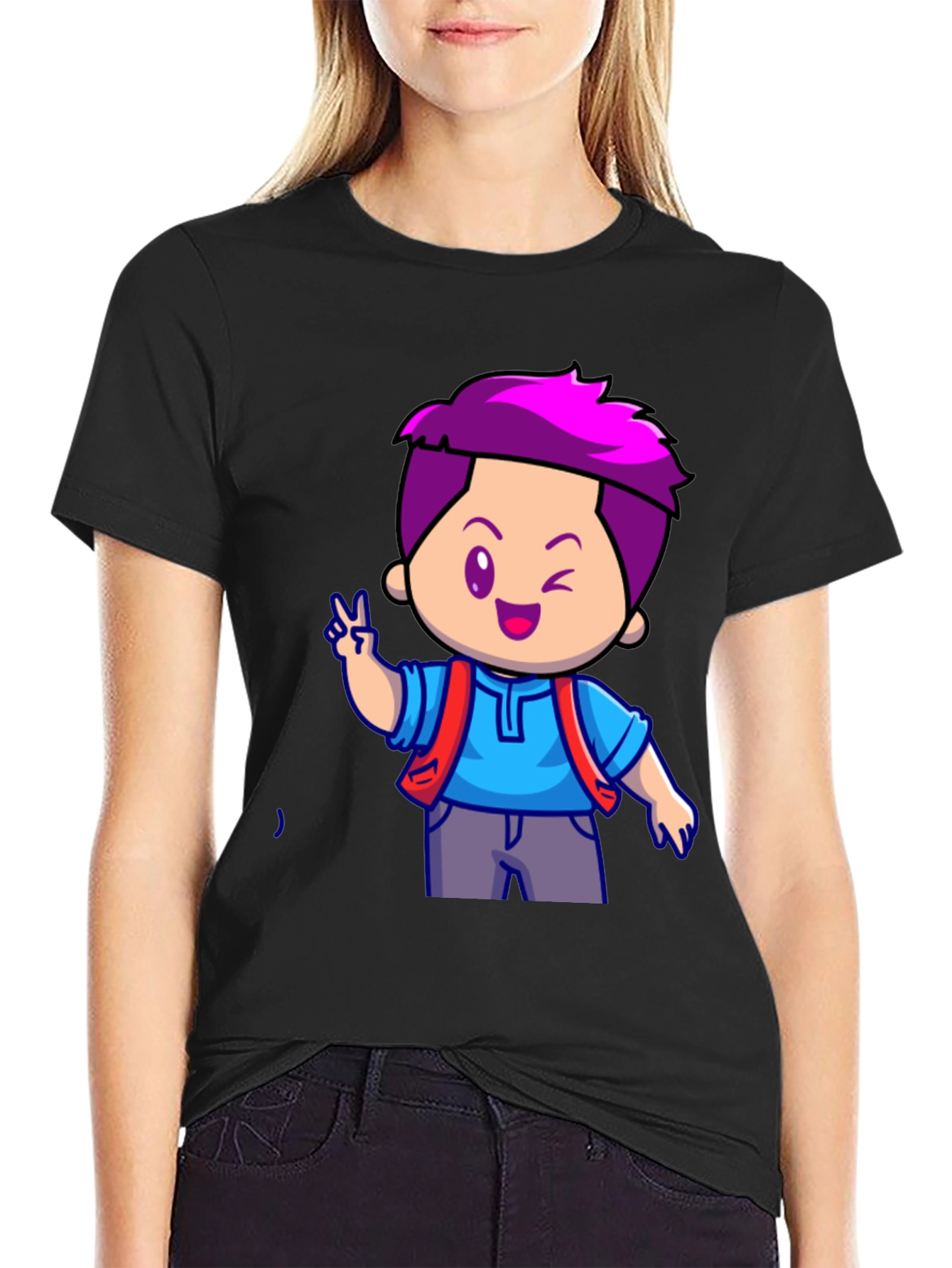 Cartoon Boy Graphic T-Shirt - Black