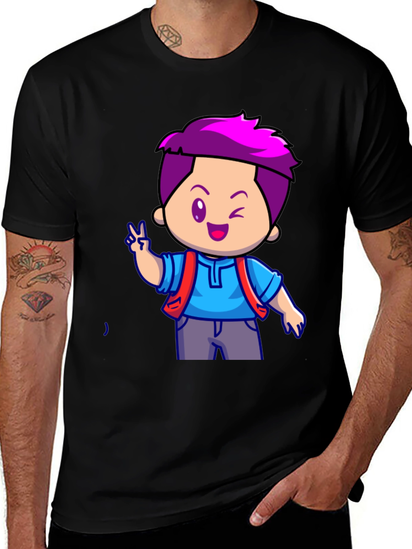 Cartoon Boy Graphic T-Shirt - Black