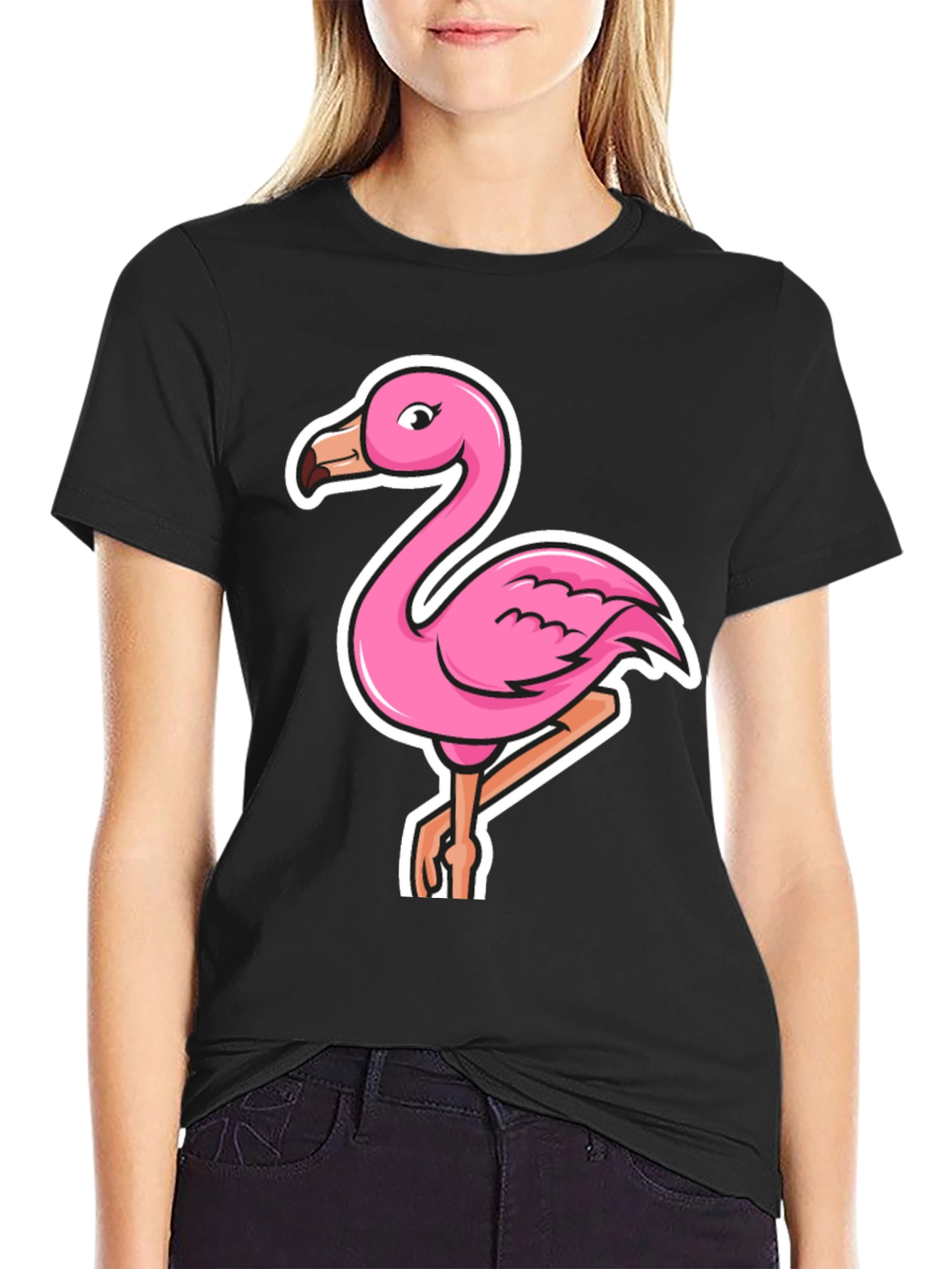 Pink Flamingo Graphic Tee - Casual Black T-Shirt