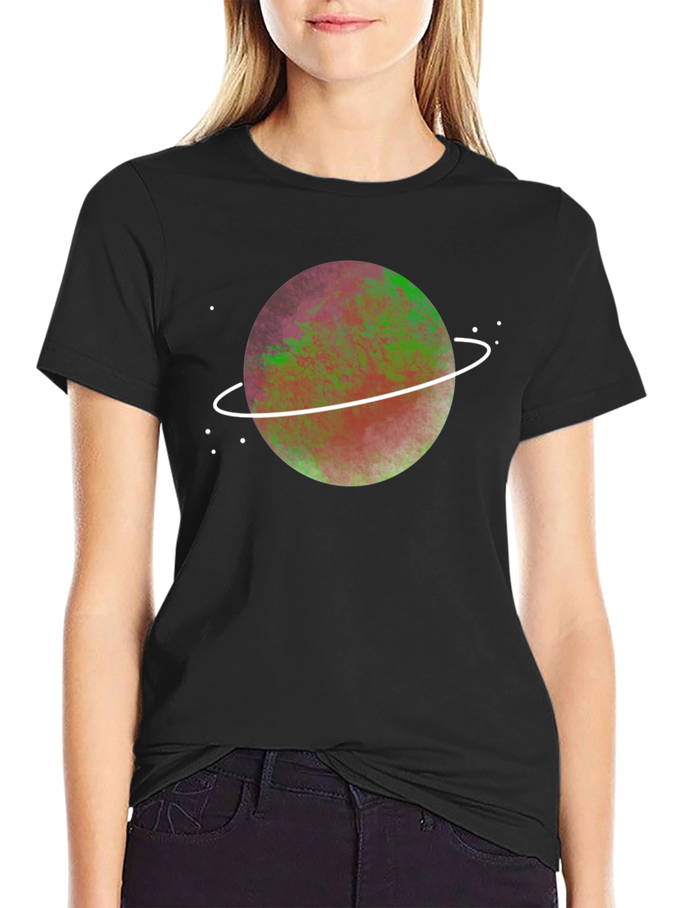 Cosmic Planet Graphic Tee - Black Crew Neck T-Shirt