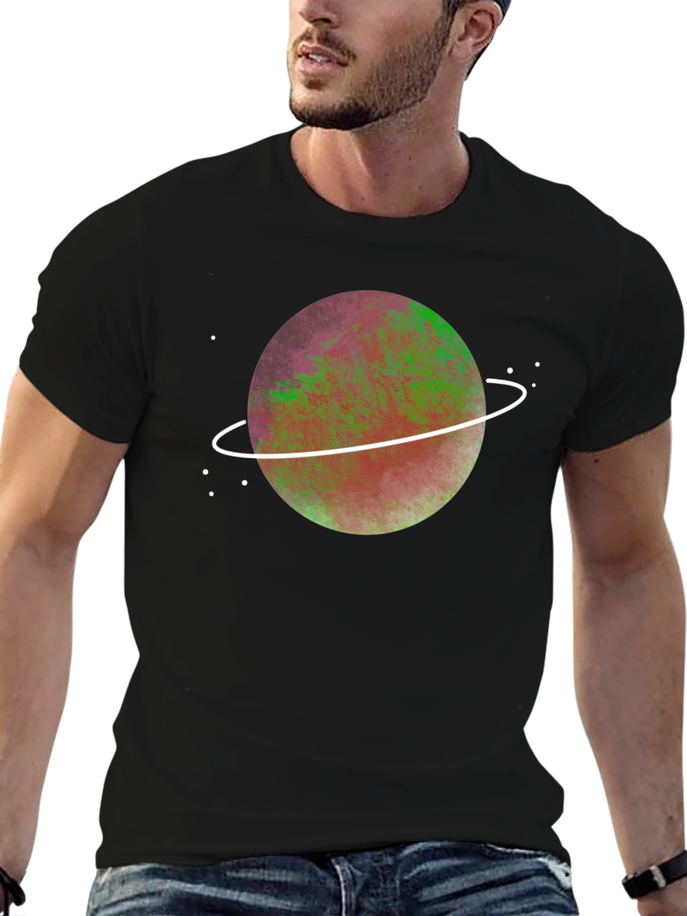 Cosmic Planet Graphic Tee - Black Crew Neck T-Shirt