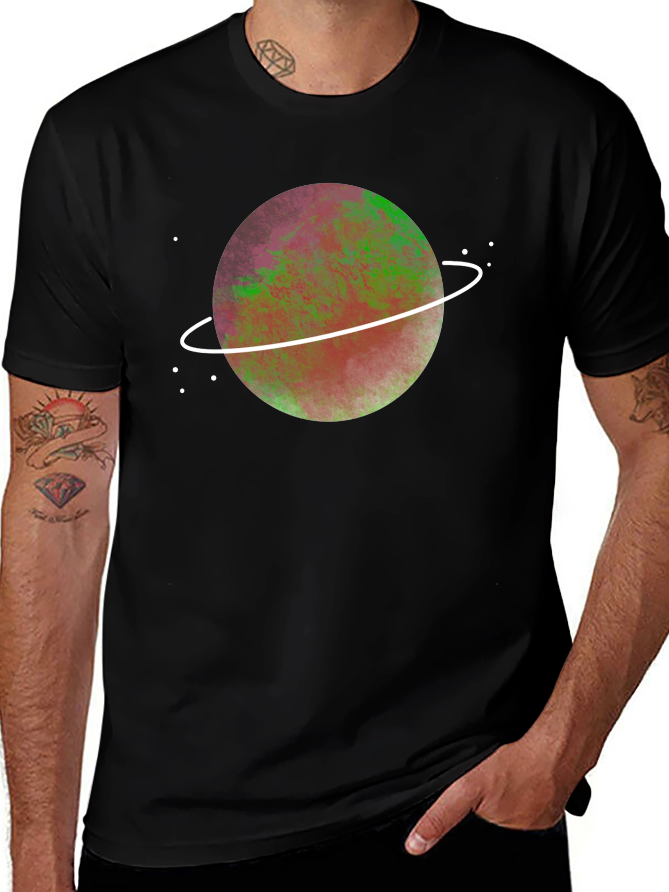 Cosmic Planet Graphic Tee - Black Crew Neck T-Shirt