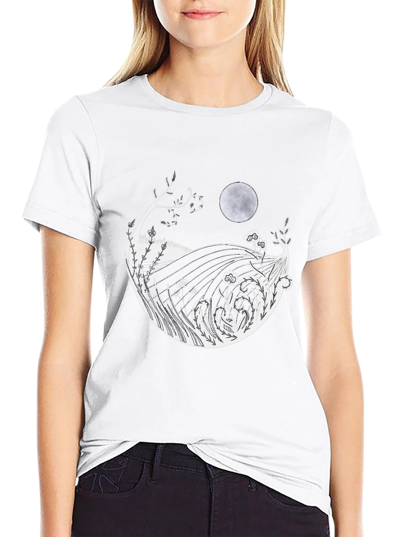 Mens Black T-Shirt with Moon & Landscape Graphic