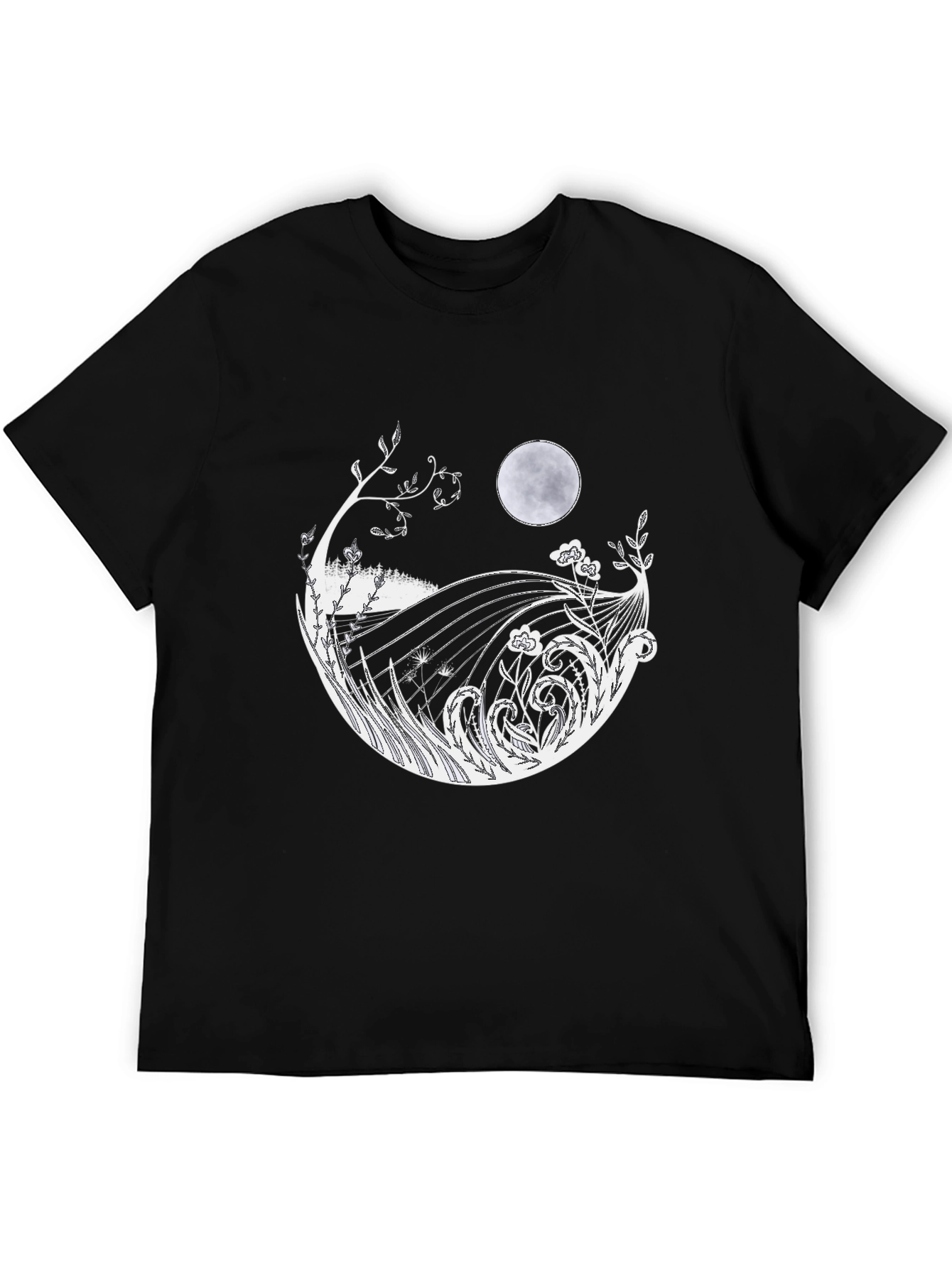 Mens Black T-Shirt with Moon & Landscape Graphic