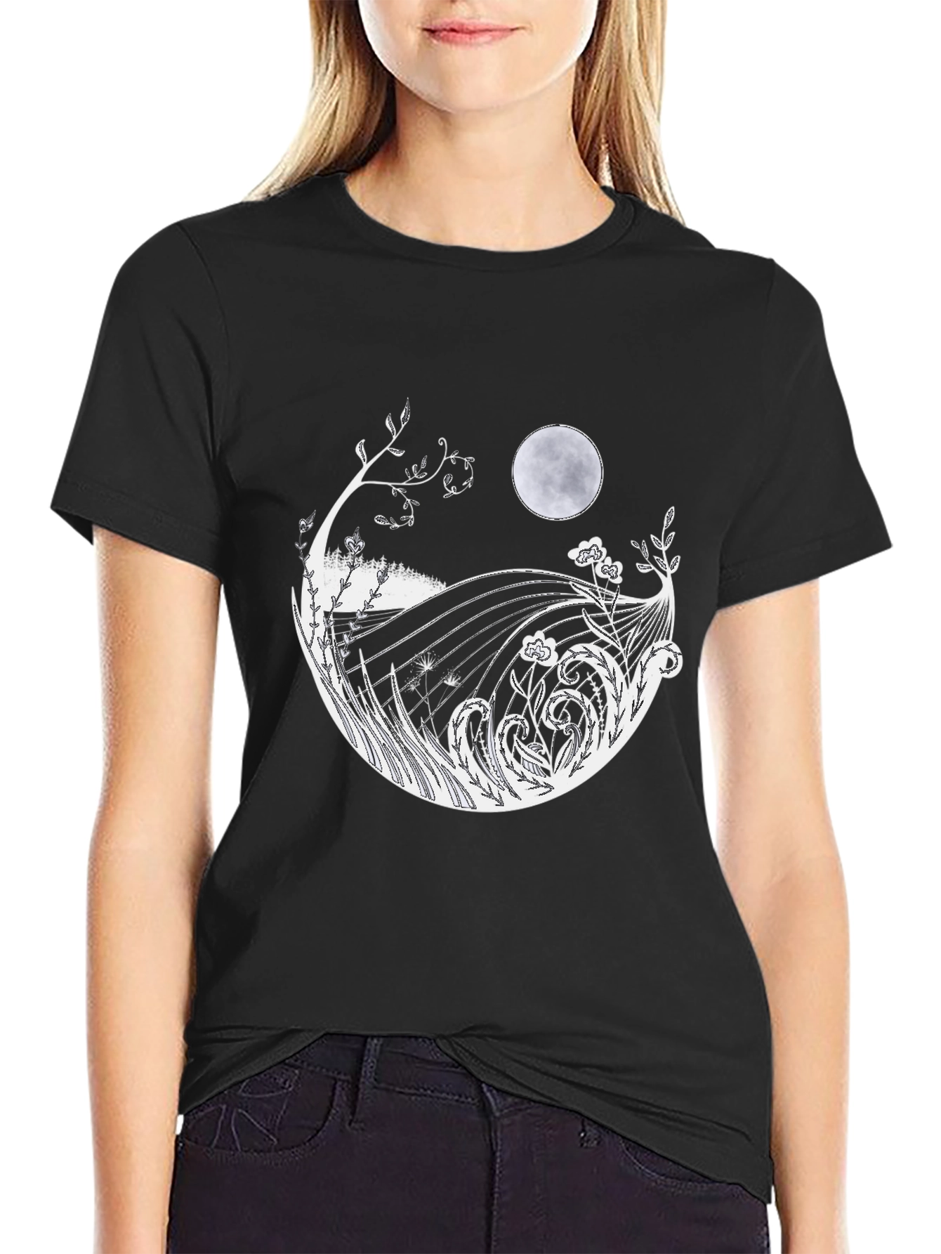 Mens Black T-Shirt with Moon & Landscape Graphic