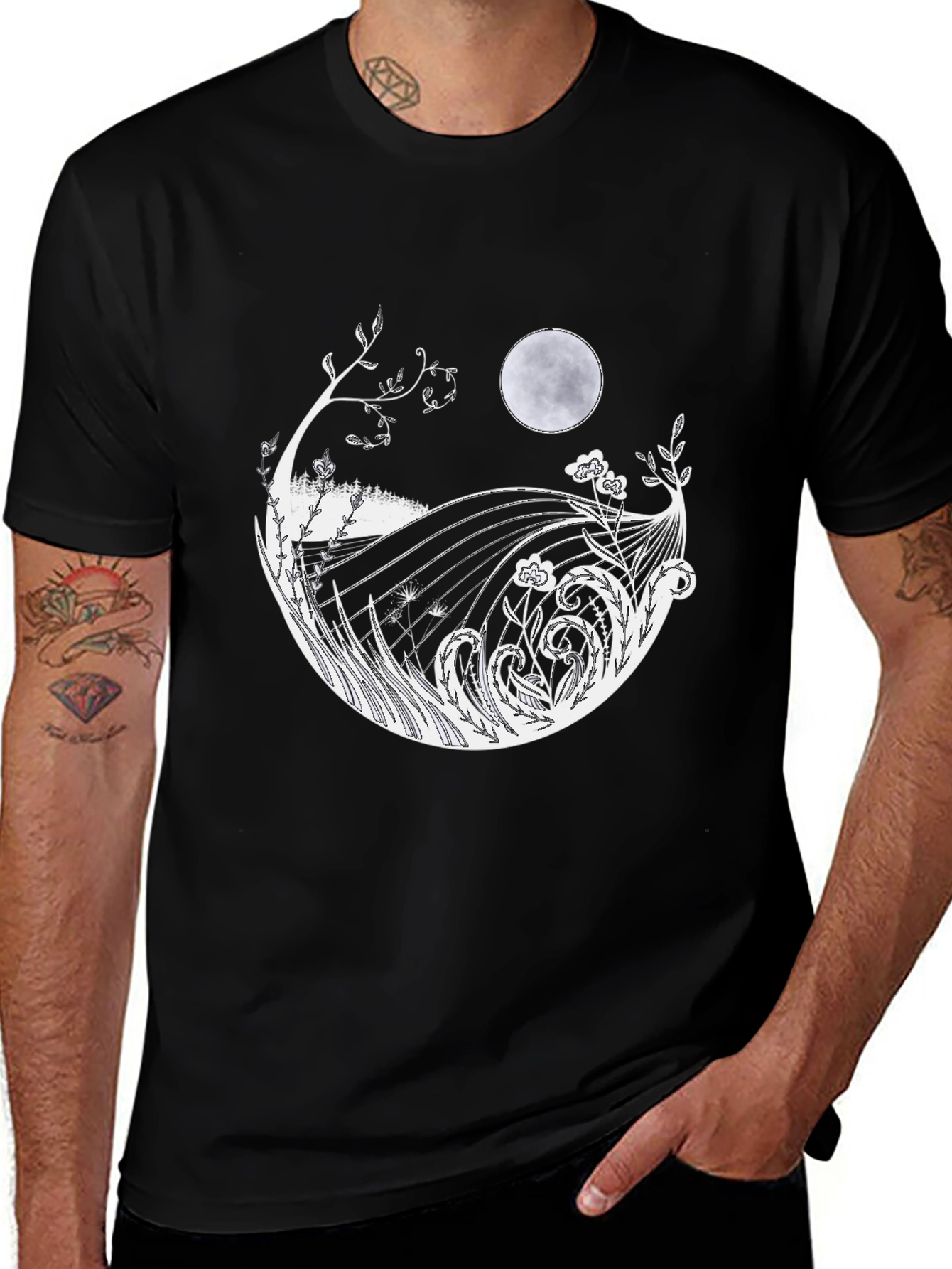 Mens Black T-Shirt with Moon & Landscape Graphic