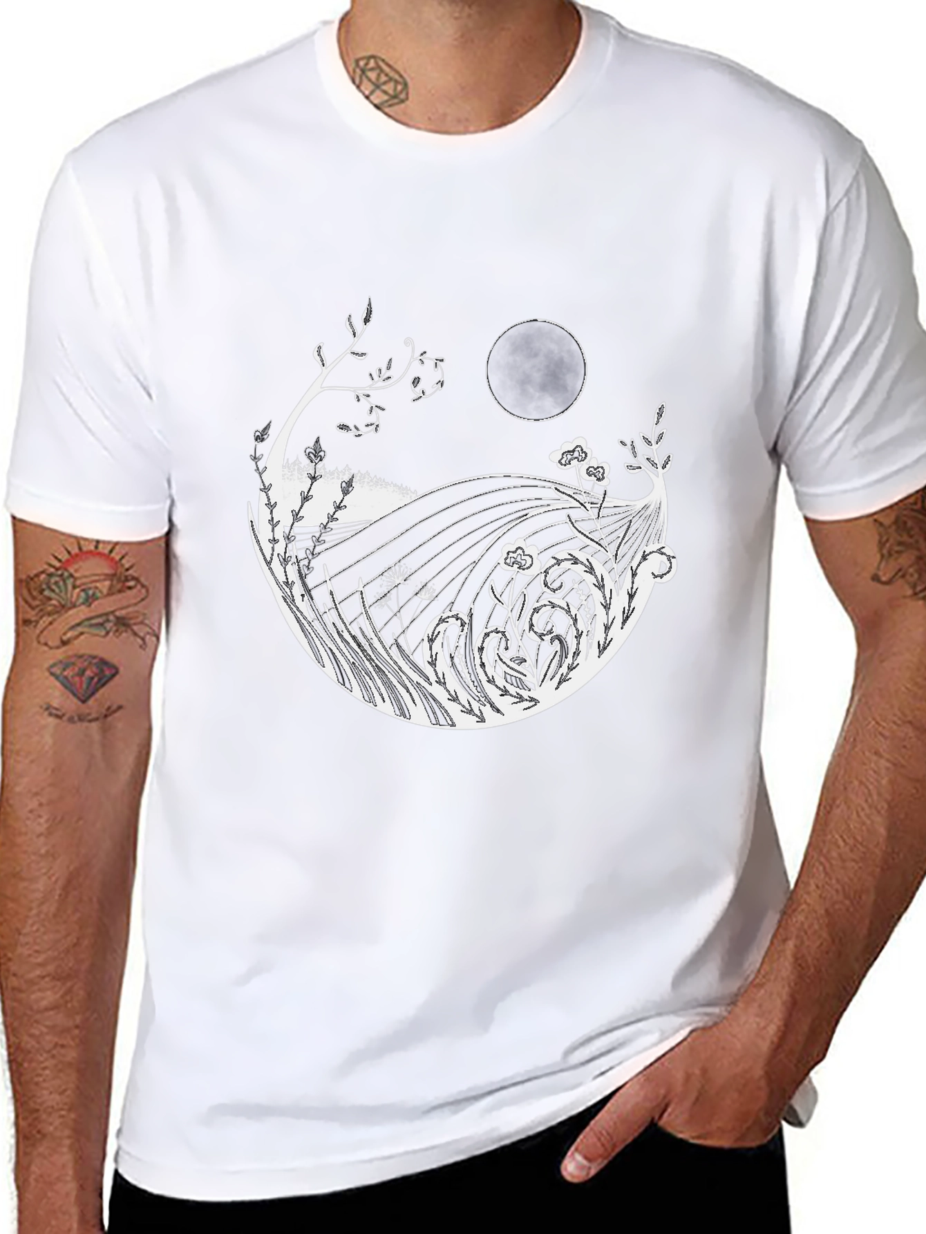 Mens Black T-Shirt with Moon & Landscape Graphic
