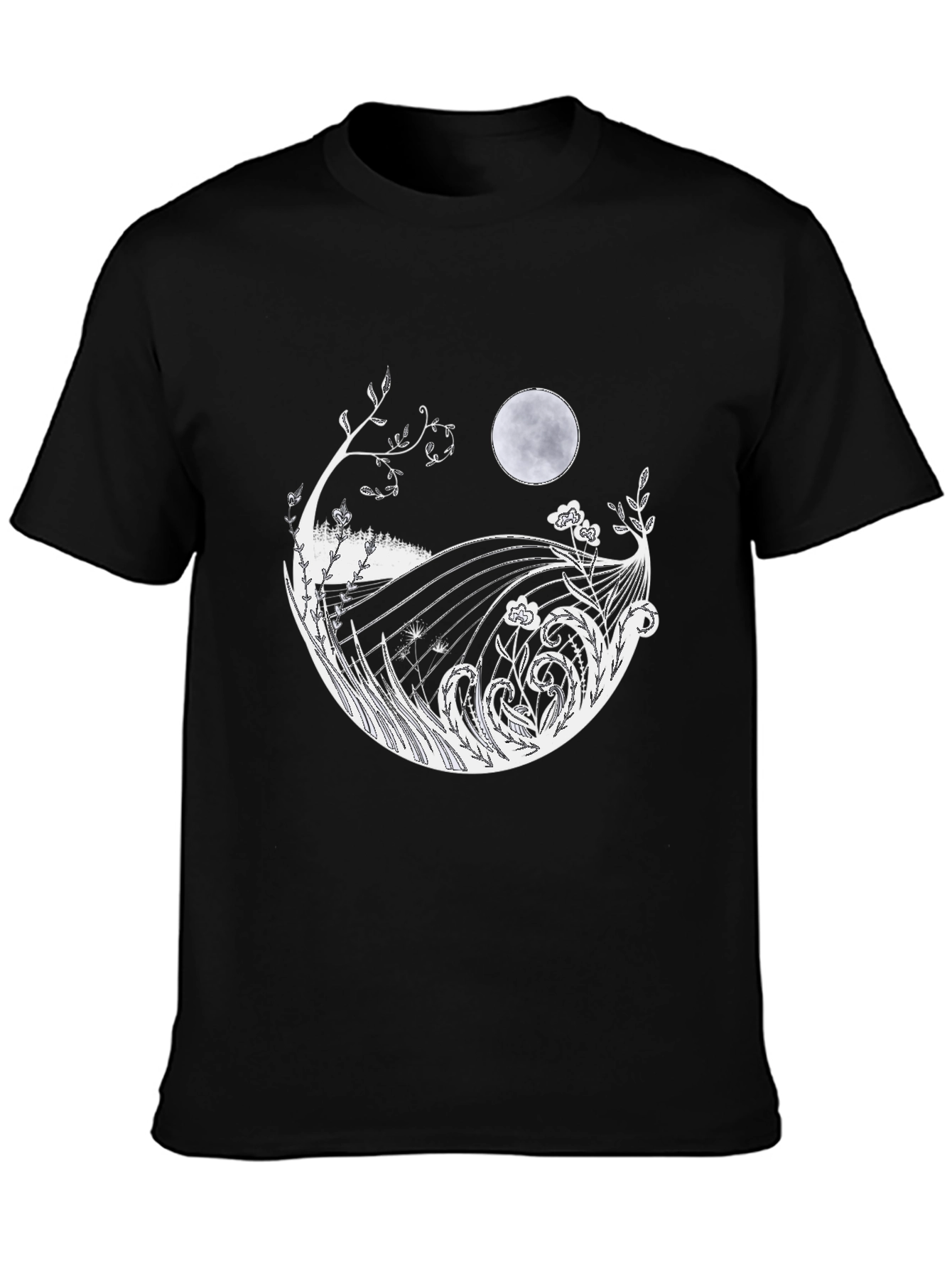 Mens Black T-Shirt with Moon & Landscape Graphic