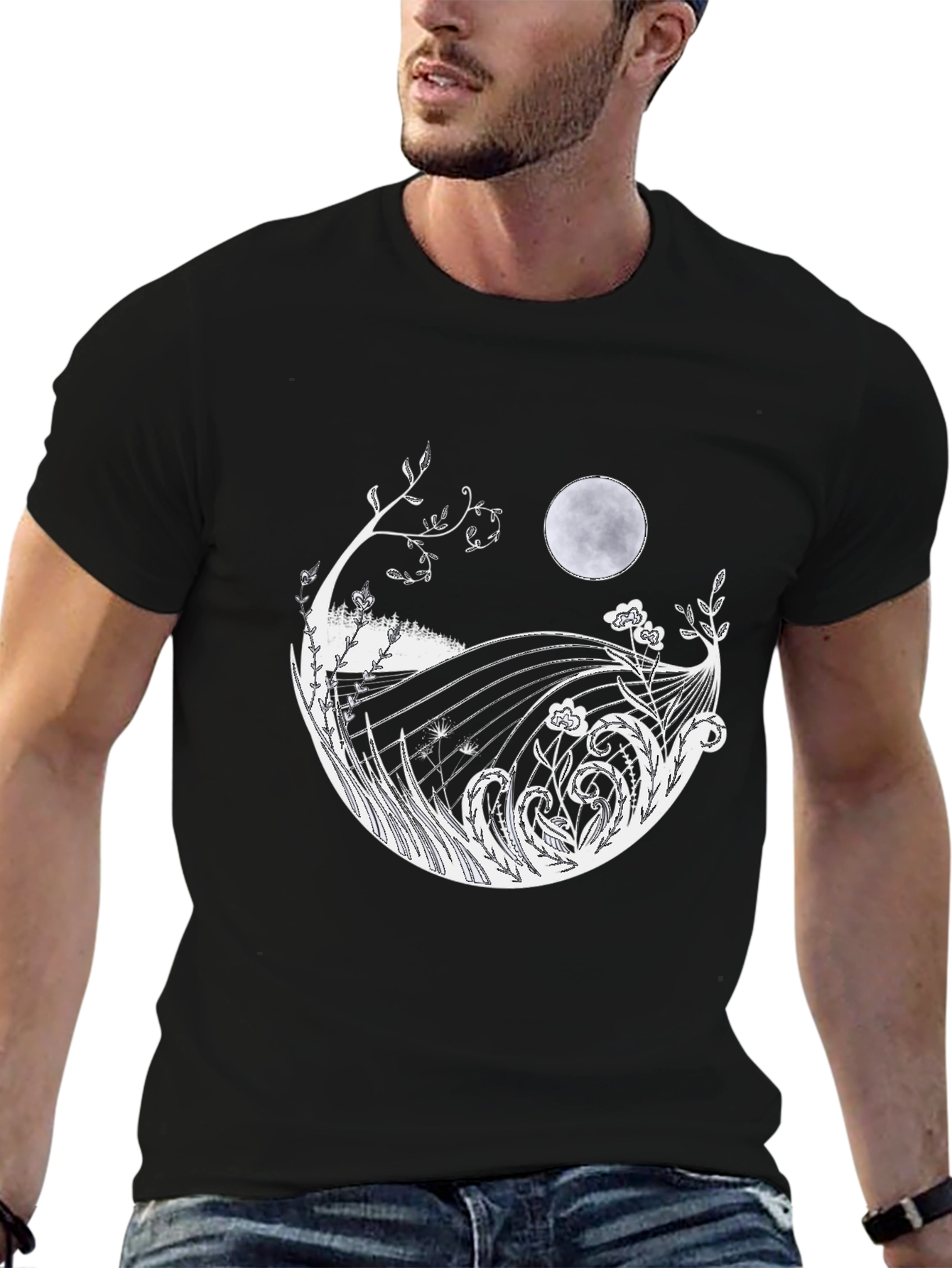 Mens Black T-Shirt with Moon & Landscape Graphic