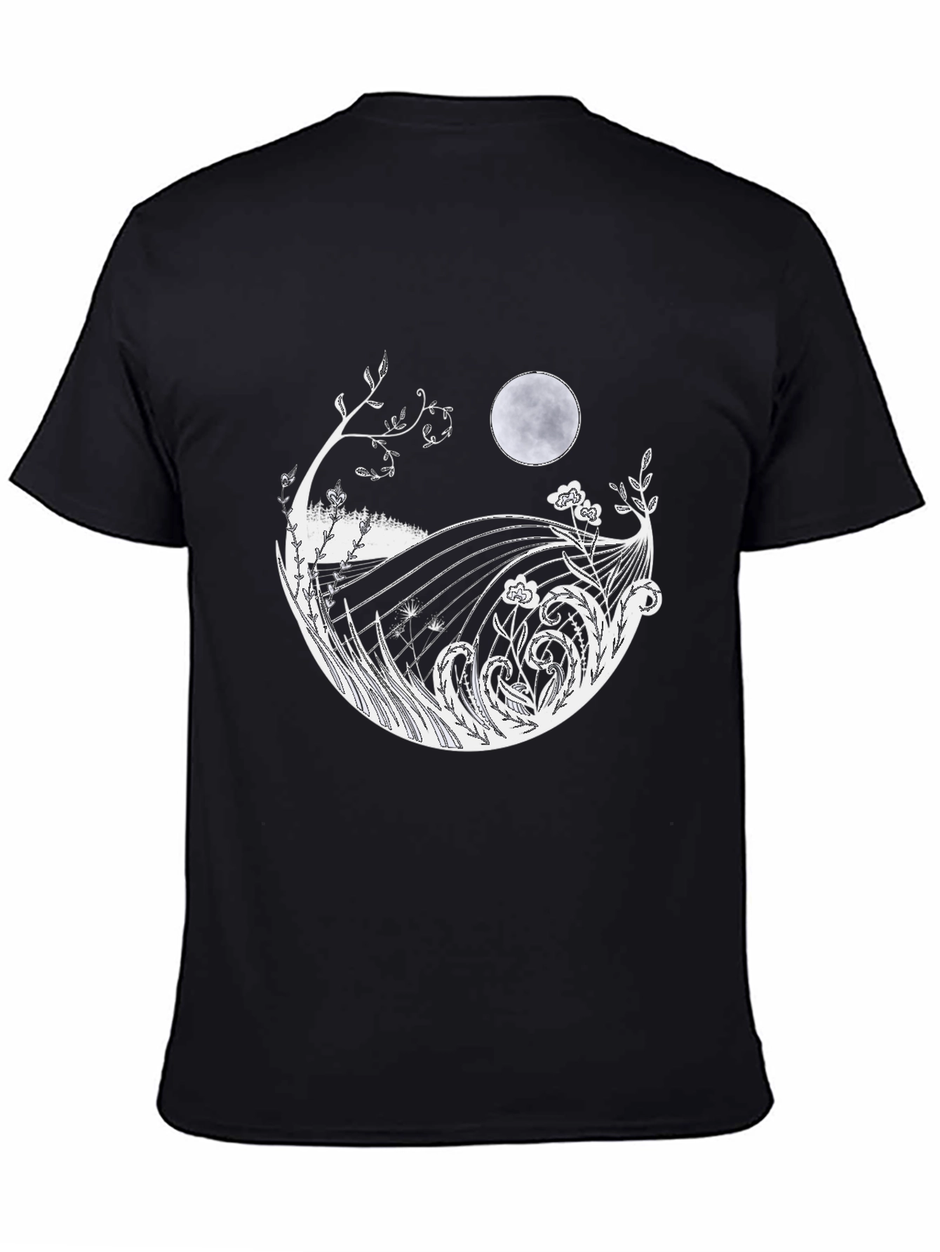 Mens Black T-Shirt with Moon & Landscape Graphic