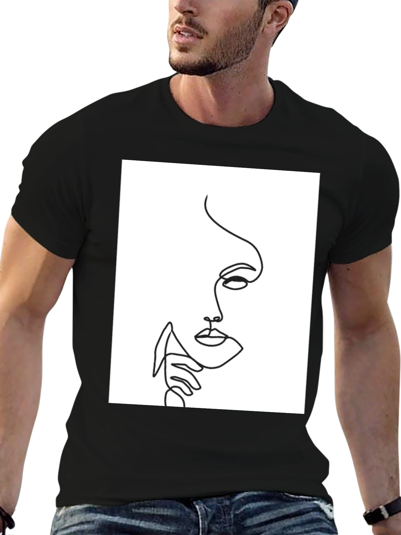 Abstract Face Line Art Black T-Shirt