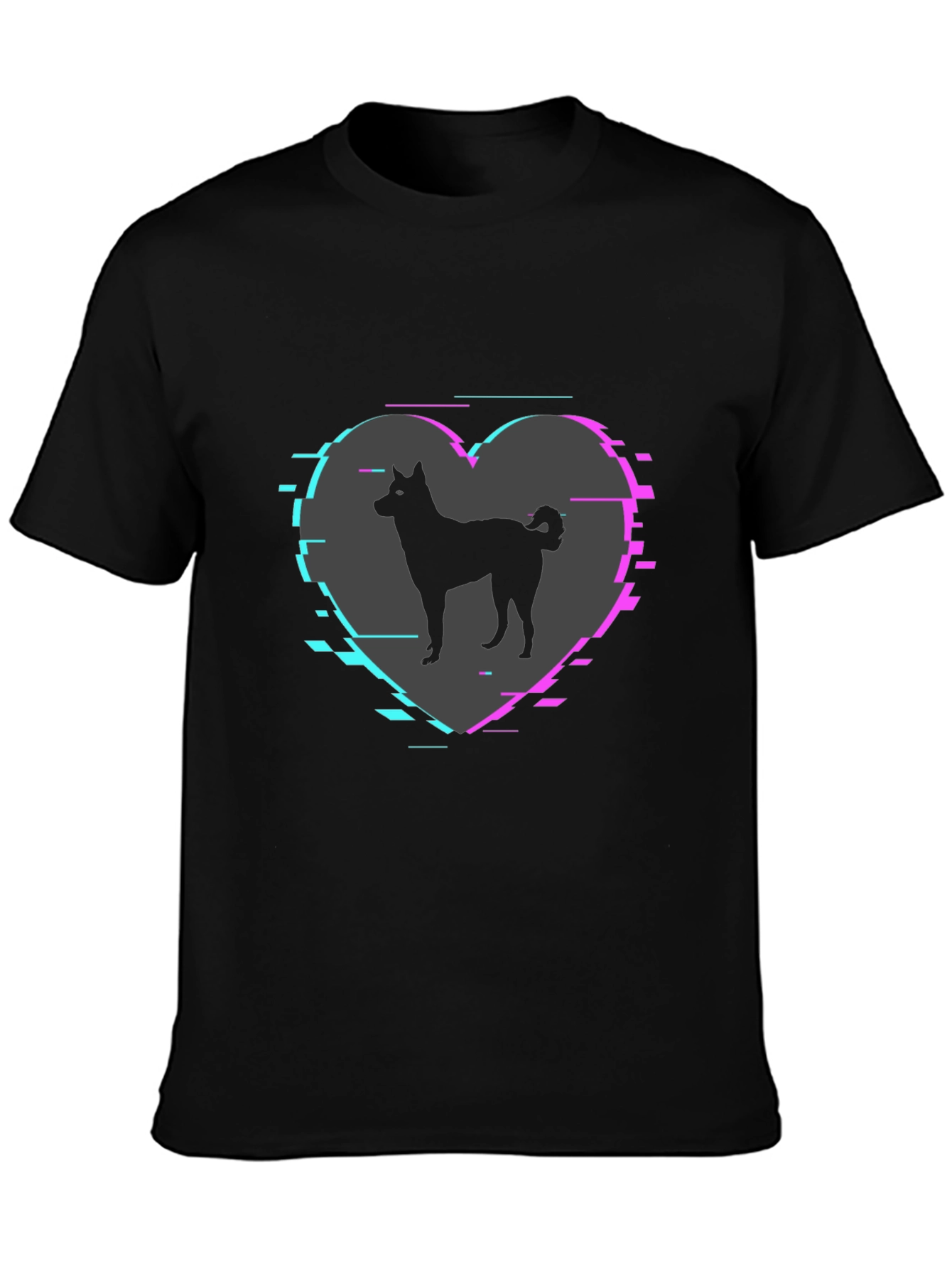 Dog Silhouette Heart Glitch Mens Black T-Shirt