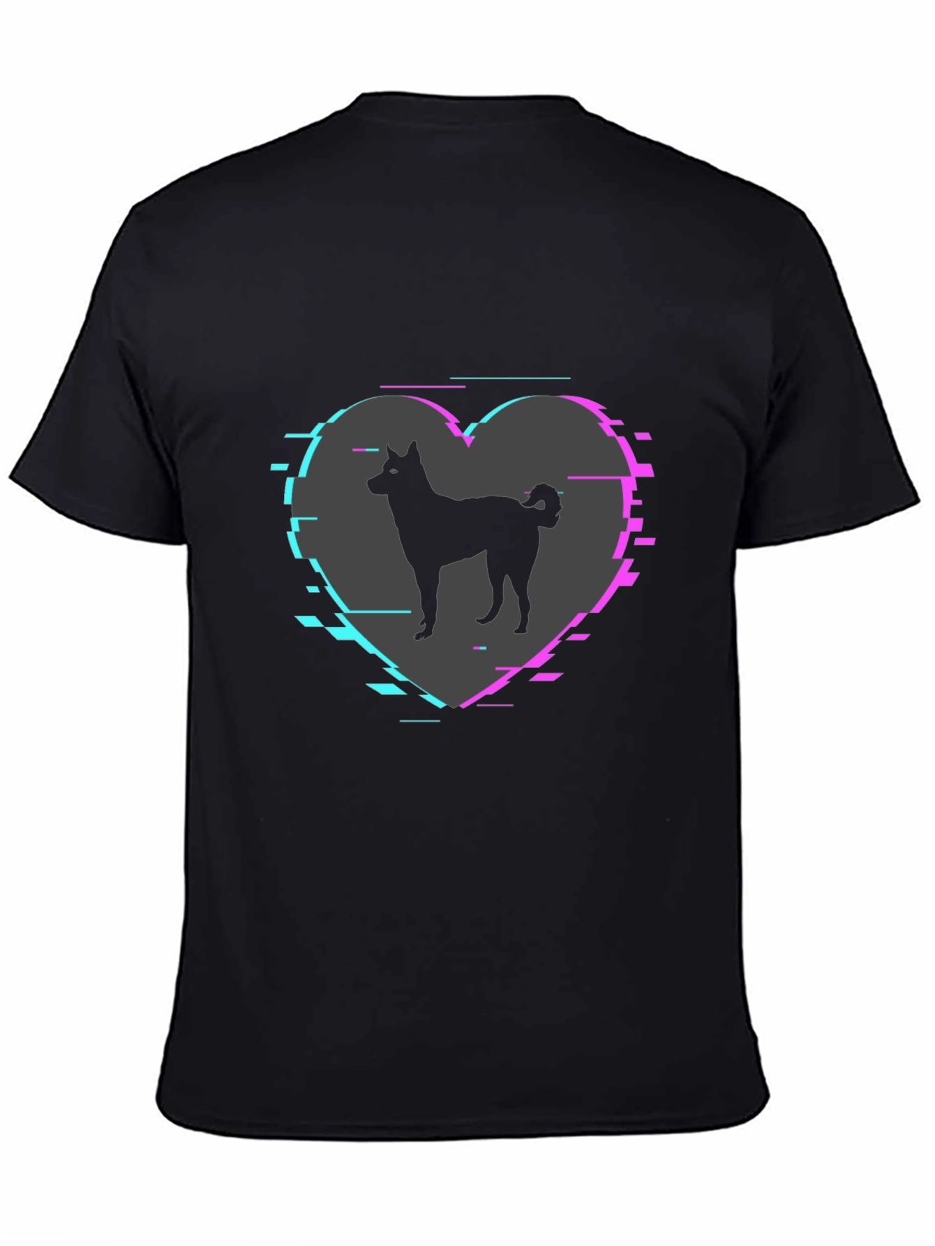 Dog Silhouette Heart Glitch Mens Black T-Shirt