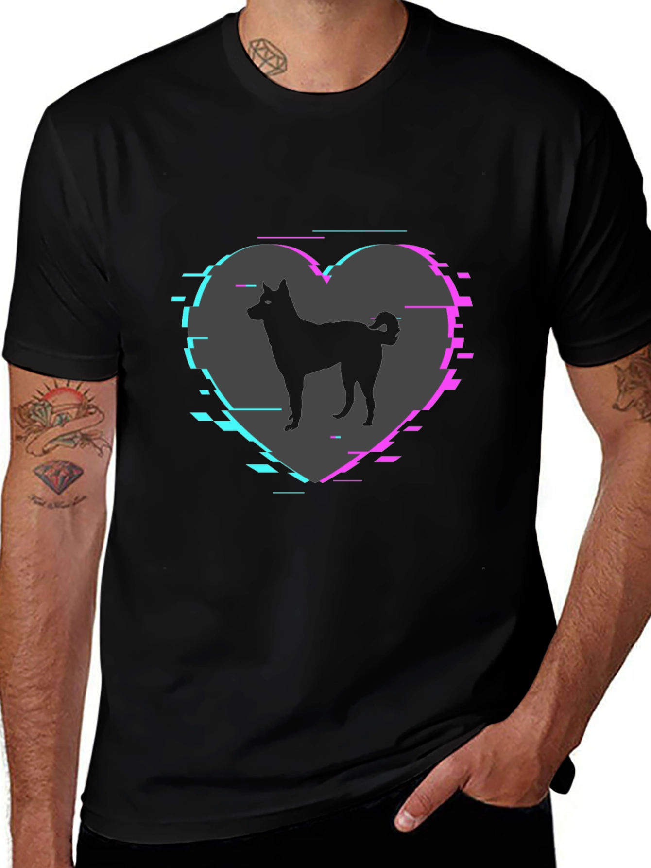 Dog Silhouette Heart Glitch Mens Black T-Shirt