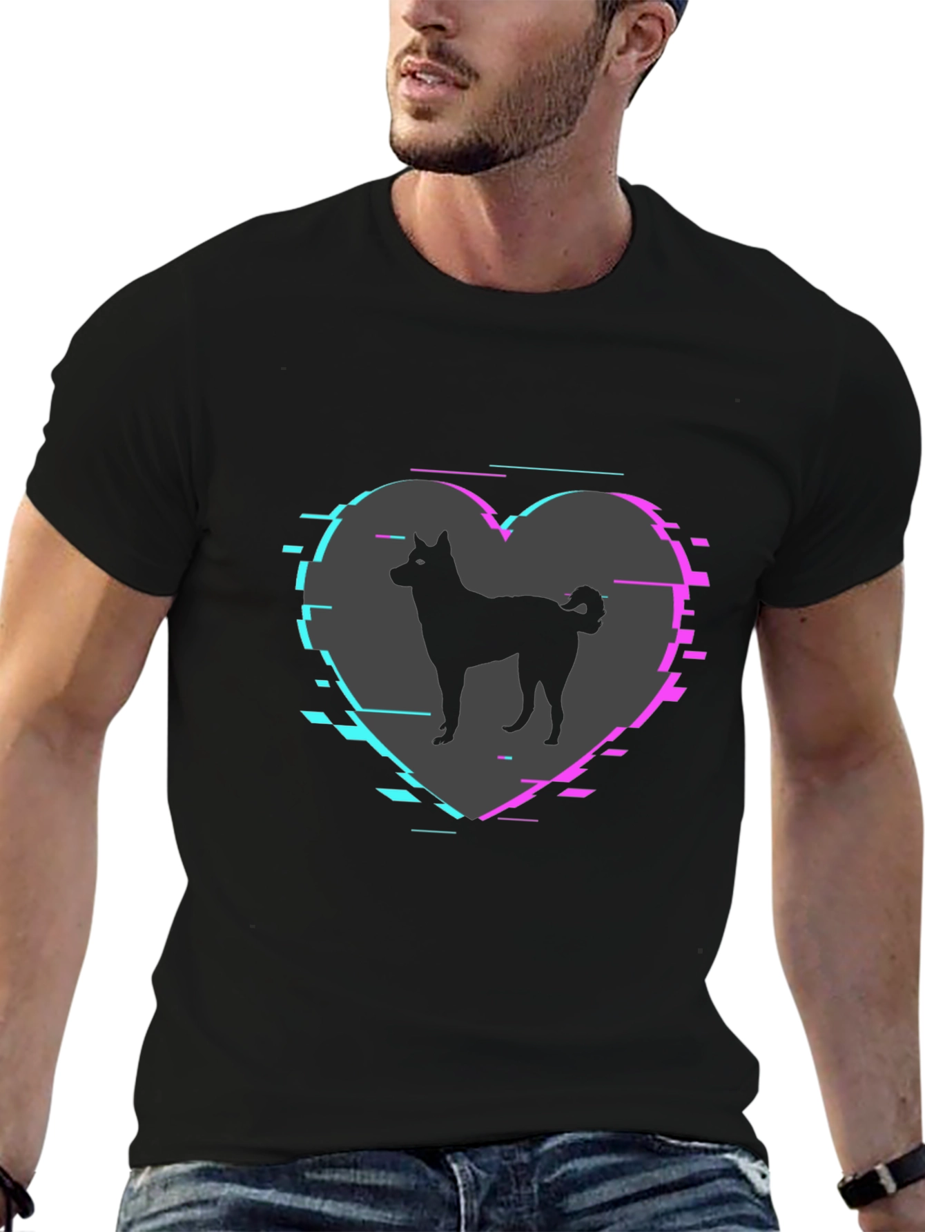 Dog Silhouette Heart Glitch Mens Black T-Shirt