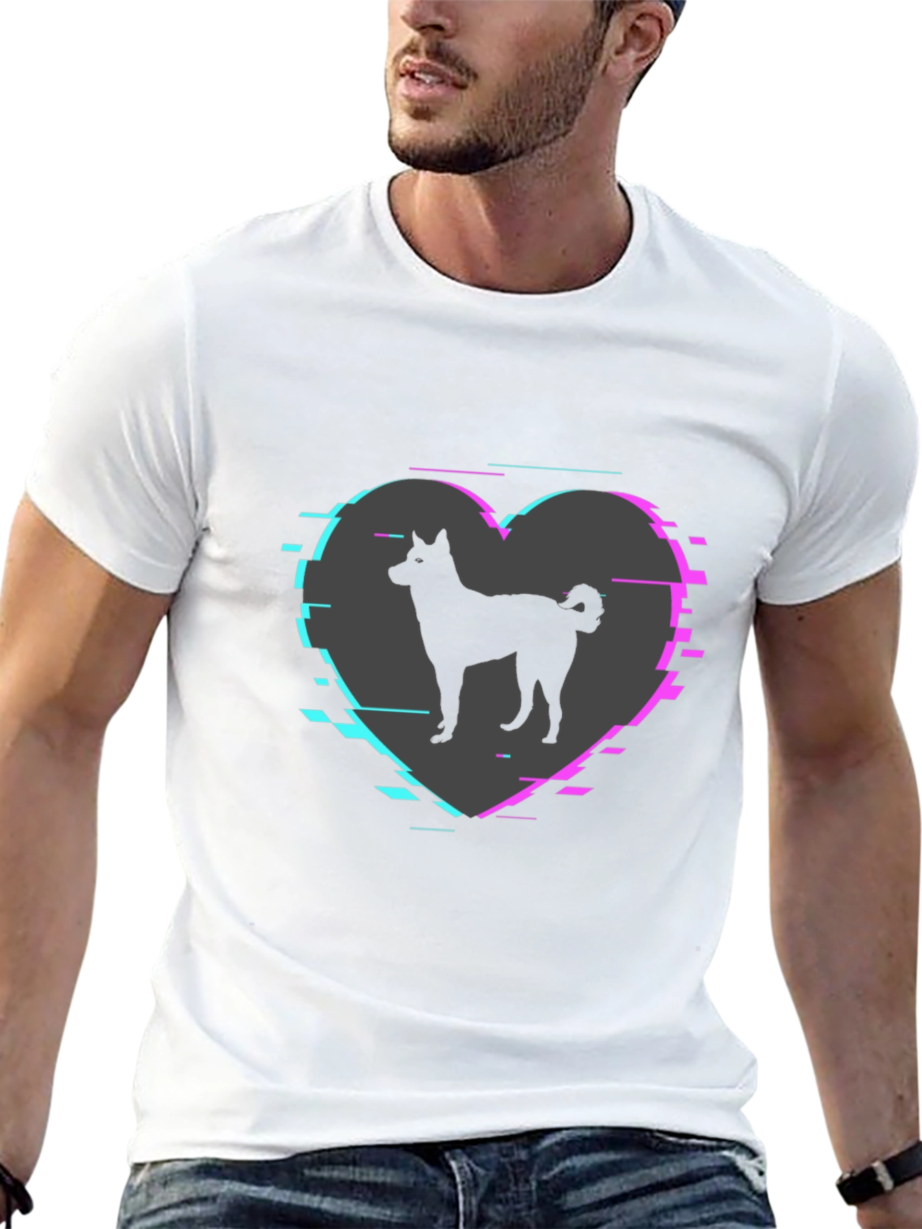 Dog Silhouette Heart Glitch Mens Black T-Shirt