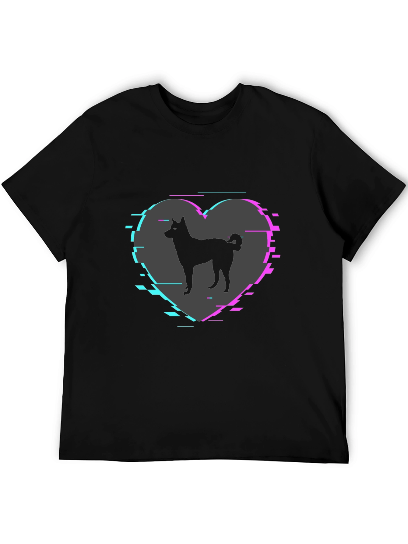 Dog Silhouette Heart Glitch Mens Black T-Shirt