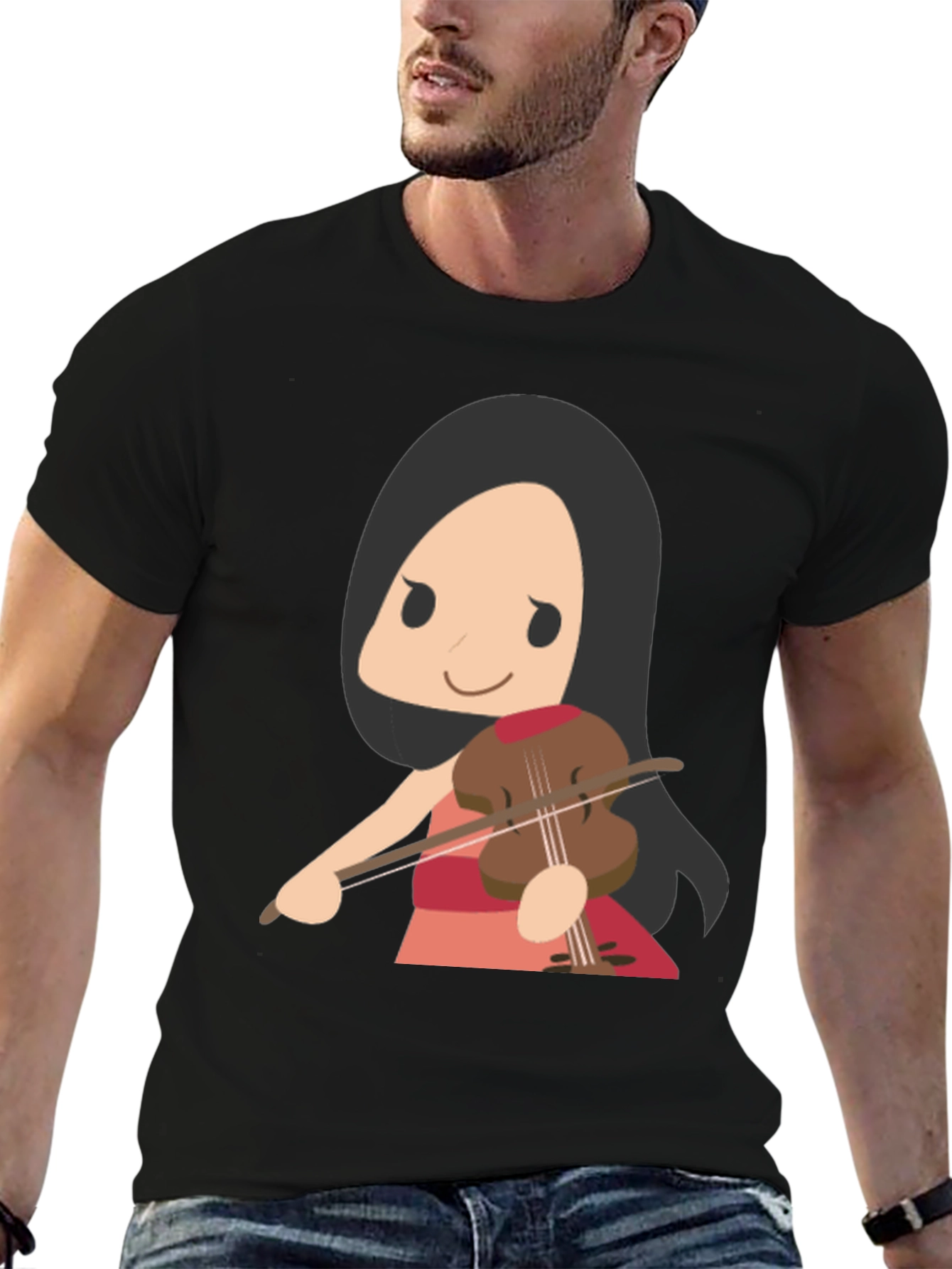 Cartoon Violinist Graphic T-Shirt - Black Cotton Tee