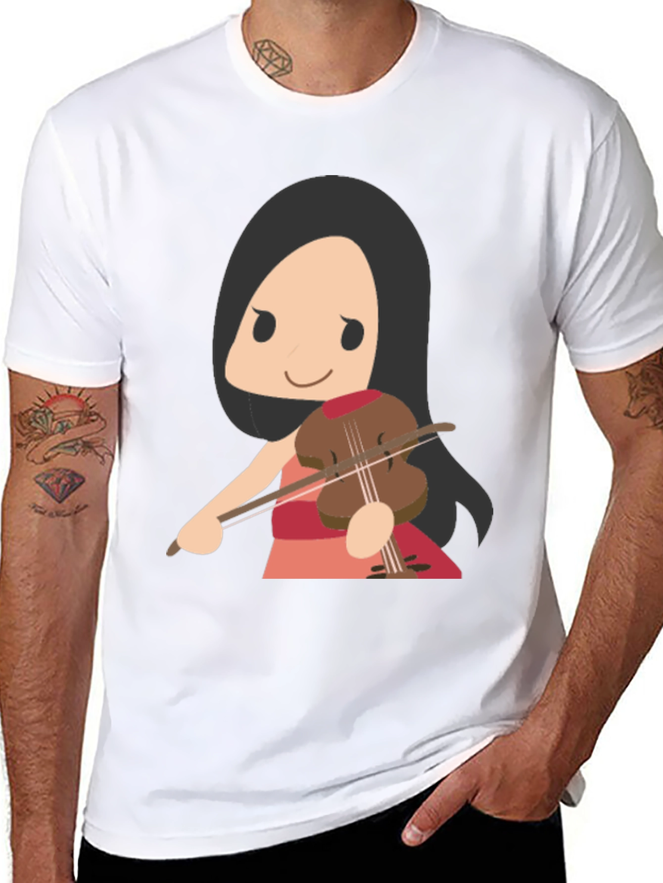 Cartoon Violinist Graphic T-Shirt - Black Cotton Tee