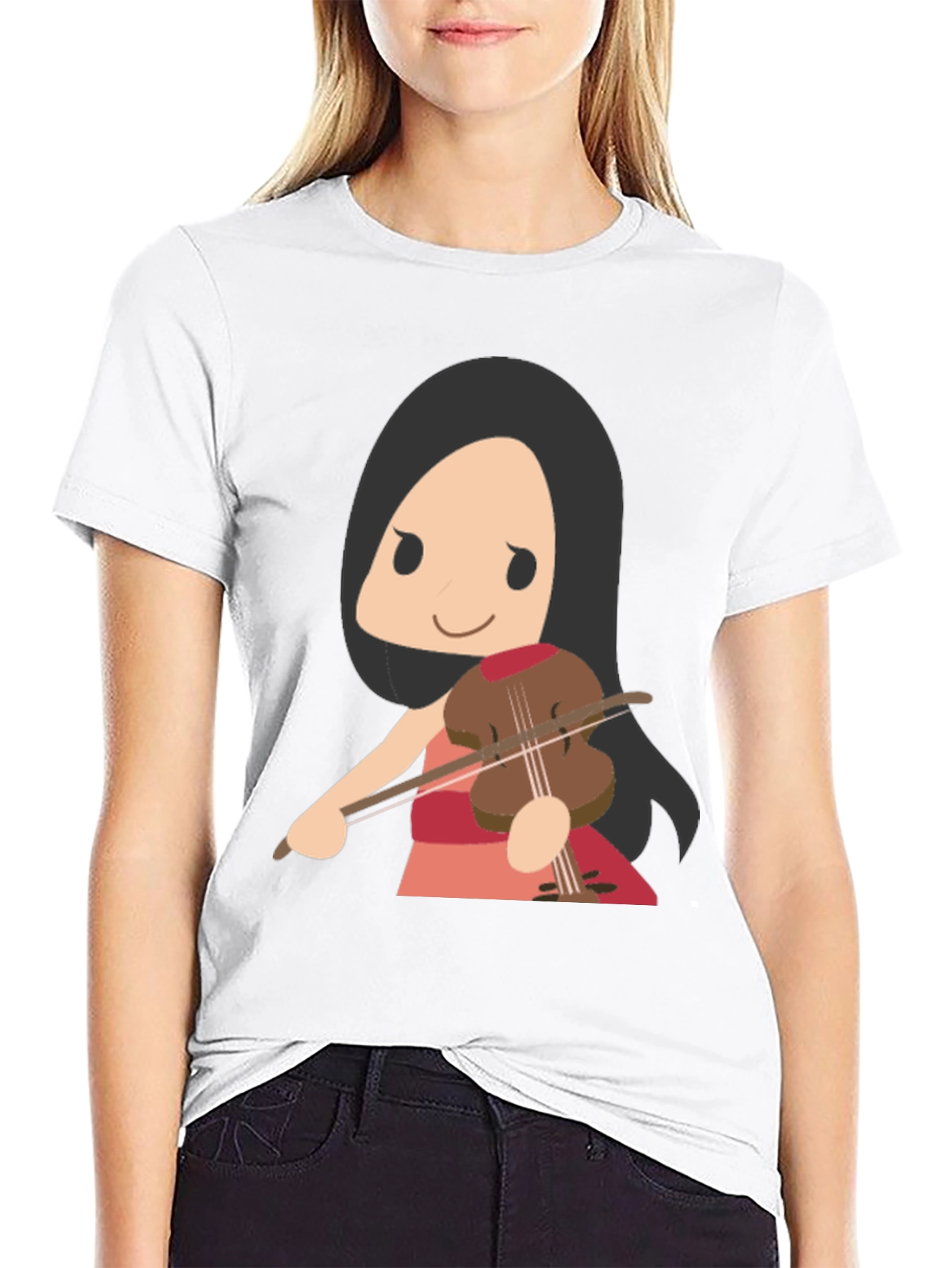 Cartoon Violinist Graphic T-Shirt - Black Cotton Tee